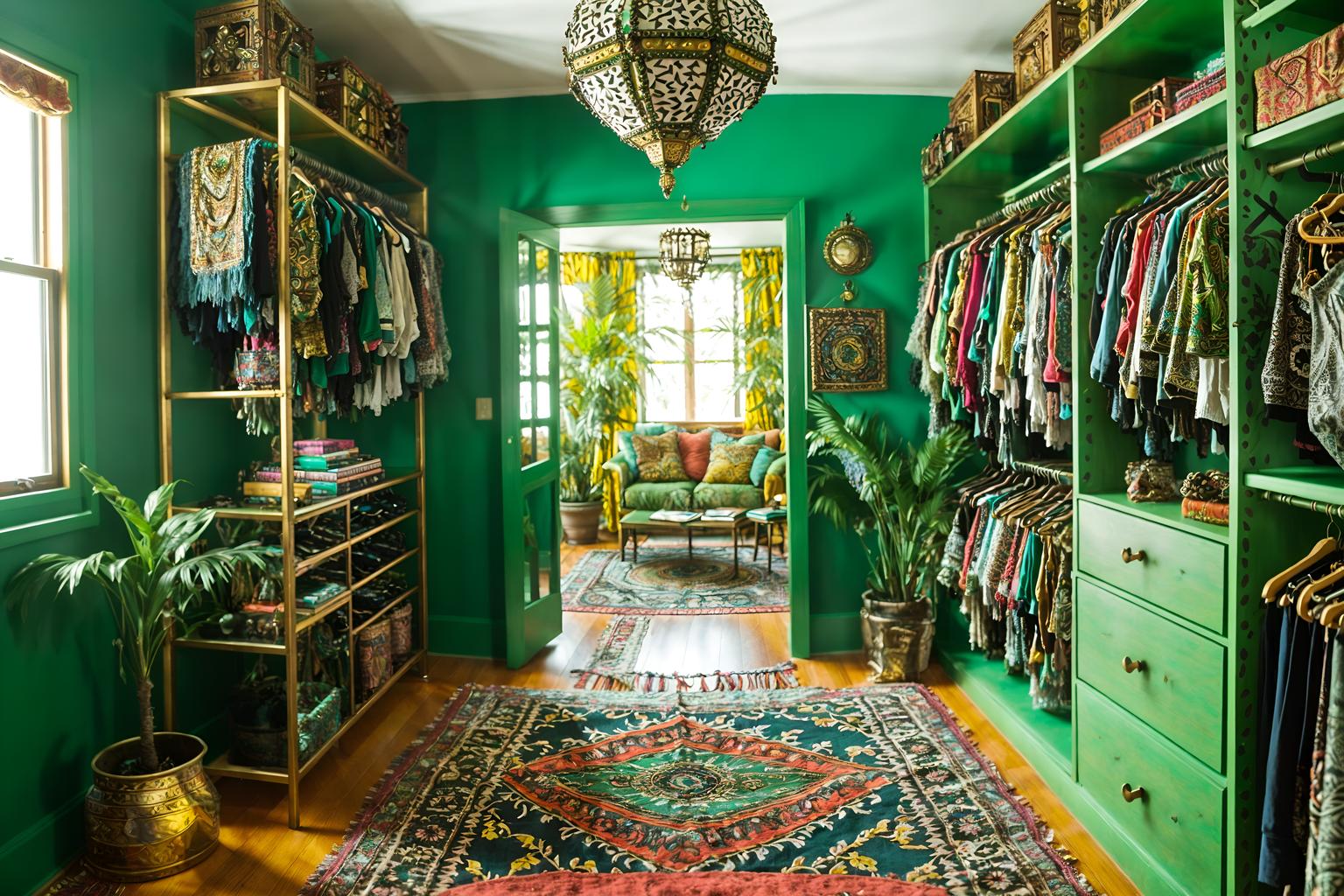 bohemian-style (walk in closet interior) . with mixed patterns and travel trinkets and playful textures and a lack of structure and bold colors and metals and lush green nature and bold patterns. . cinematic photo, highly detailed, cinematic lighting, ultra-detailed, ultrarealistic, photorealism, 8k. bohemian interior design style. masterpiece, cinematic light, ultrarealistic+, photorealistic+, 8k, raw photo, realistic, sharp focus on eyes, (symmetrical eyes), (intact eyes), hyperrealistic, highest quality, best quality, , highly detailed, masterpiece, best quality, extremely detailed 8k wallpaper, masterpiece, best quality, ultra-detailed, best shadow, detailed background, detailed face, detailed eyes, high contrast, best illumination, detailed face, dulux, caustic, dynamic angle, detailed glow. dramatic lighting. highly detailed, insanely detailed hair, symmetrical, intricate details, professionally retouched, 8k high definition. strong bokeh. award winning photo.