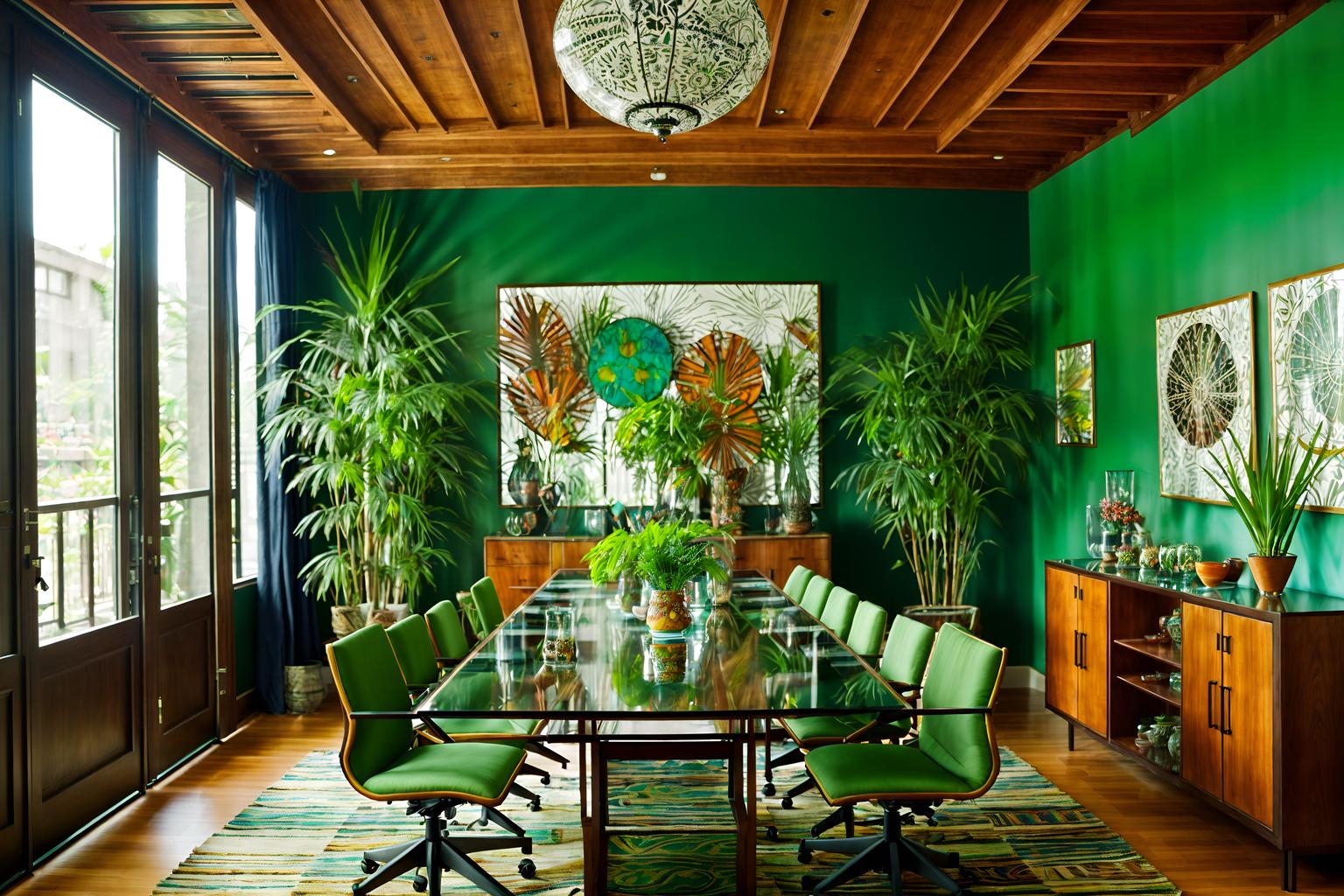 bohemian-style (meeting room interior) with glass doors and office chairs and boardroom table and vase and cabinets and plant and glass walls and painting or photo on wall. . with a lack of structure and natural materials and mixed patterns and lush green nature and playful patterns and bold colors and travel trinkets and animal hides. . cinematic photo, highly detailed, cinematic lighting, ultra-detailed, ultrarealistic, photorealism, 8k. bohemian interior design style. masterpiece, cinematic light, ultrarealistic+, photorealistic+, 8k, raw photo, realistic, sharp focus on eyes, (symmetrical eyes), (intact eyes), hyperrealistic, highest quality, best quality, , highly detailed, masterpiece, best quality, extremely detailed 8k wallpaper, masterpiece, best quality, ultra-detailed, best shadow, detailed background, detailed face, detailed eyes, high contrast, best illumination, detailed face, dulux, caustic, dynamic angle, detailed glow. dramatic lighting. highly detailed, insanely detailed hair, symmetrical, intricate details, professionally retouched, 8k high definition. strong bokeh. award winning photo.