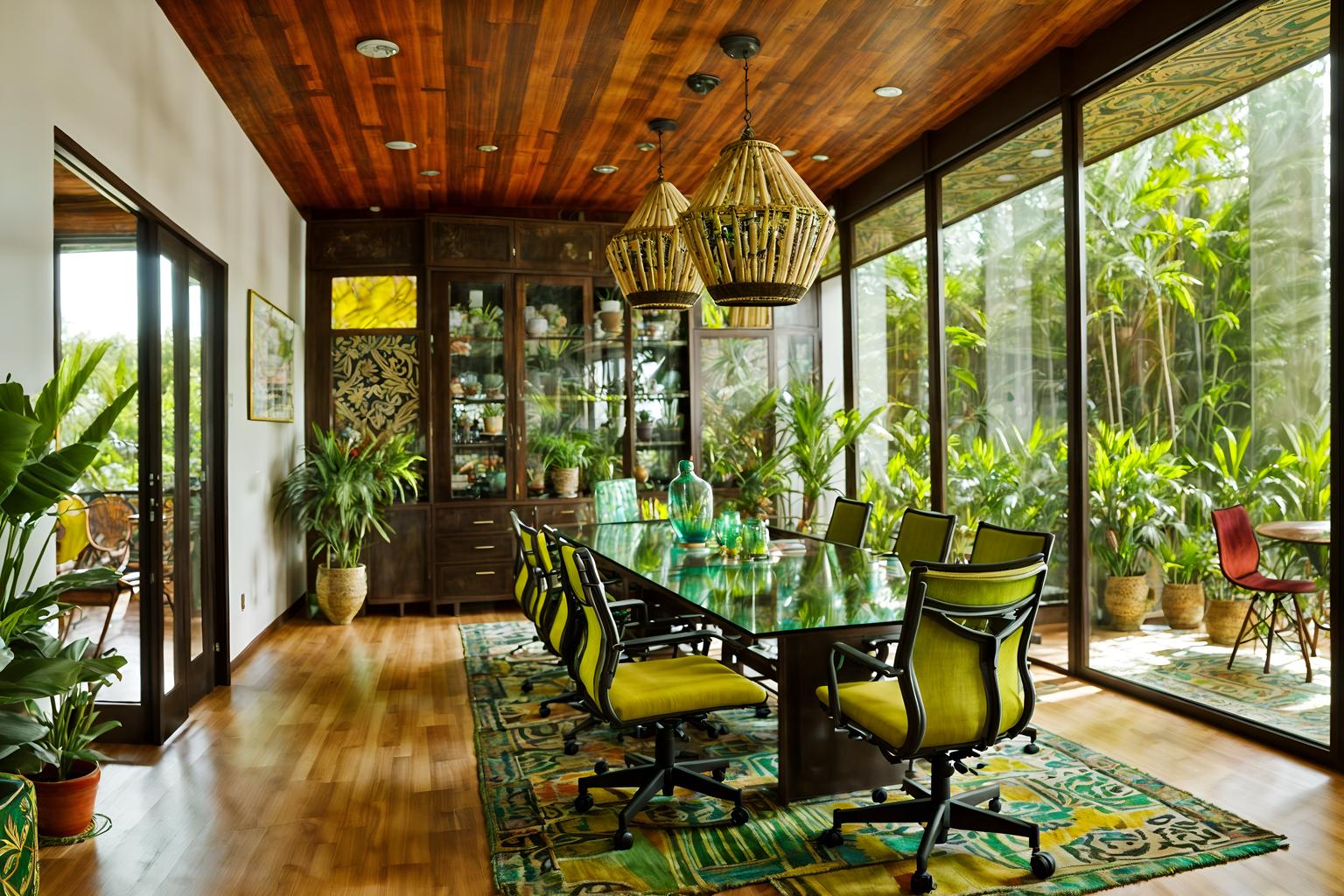 bohemian-style (meeting room interior) with glass doors and office chairs and boardroom table and vase and cabinets and plant and glass walls and painting or photo on wall. . with a lack of structure and natural materials and mixed patterns and lush green nature and playful patterns and bold colors and travel trinkets and animal hides. . cinematic photo, highly detailed, cinematic lighting, ultra-detailed, ultrarealistic, photorealism, 8k. bohemian interior design style. masterpiece, cinematic light, ultrarealistic+, photorealistic+, 8k, raw photo, realistic, sharp focus on eyes, (symmetrical eyes), (intact eyes), hyperrealistic, highest quality, best quality, , highly detailed, masterpiece, best quality, extremely detailed 8k wallpaper, masterpiece, best quality, ultra-detailed, best shadow, detailed background, detailed face, detailed eyes, high contrast, best illumination, detailed face, dulux, caustic, dynamic angle, detailed glow. dramatic lighting. highly detailed, insanely detailed hair, symmetrical, intricate details, professionally retouched, 8k high definition. strong bokeh. award winning photo.