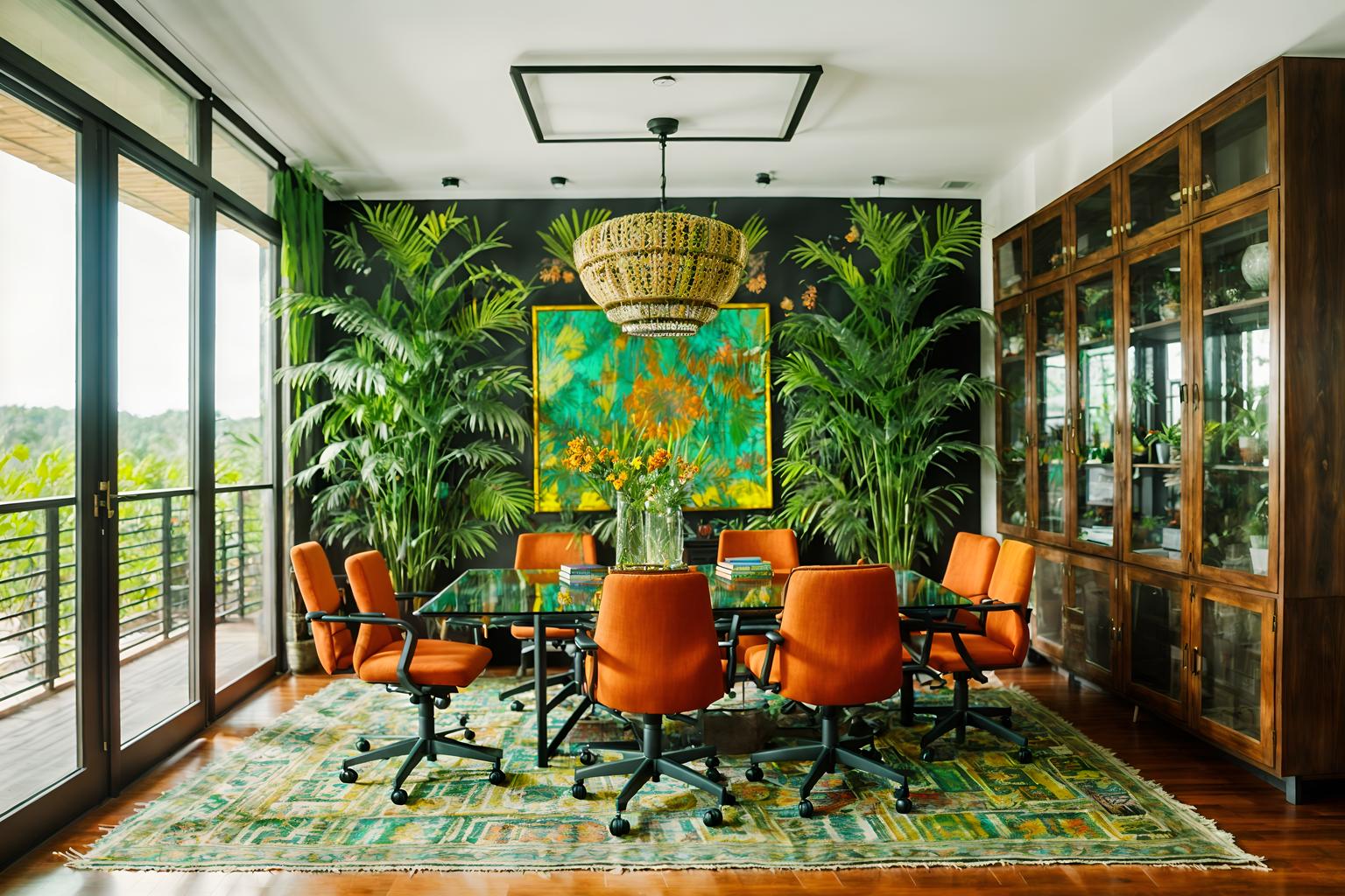 bohemian-style (meeting room interior) with glass doors and office chairs and boardroom table and vase and cabinets and plant and glass walls and painting or photo on wall. . with a lack of structure and natural materials and mixed patterns and lush green nature and playful patterns and bold colors and travel trinkets and animal hides. . cinematic photo, highly detailed, cinematic lighting, ultra-detailed, ultrarealistic, photorealism, 8k. bohemian interior design style. masterpiece, cinematic light, ultrarealistic+, photorealistic+, 8k, raw photo, realistic, sharp focus on eyes, (symmetrical eyes), (intact eyes), hyperrealistic, highest quality, best quality, , highly detailed, masterpiece, best quality, extremely detailed 8k wallpaper, masterpiece, best quality, ultra-detailed, best shadow, detailed background, detailed face, detailed eyes, high contrast, best illumination, detailed face, dulux, caustic, dynamic angle, detailed glow. dramatic lighting. highly detailed, insanely detailed hair, symmetrical, intricate details, professionally retouched, 8k high definition. strong bokeh. award winning photo.