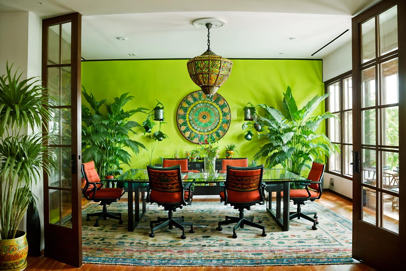 bohemian-style (meeting room interior) with glass doors and office chairs and boardroom table and vase and cabinets and plant and glass walls and painting or photo on wall. . with a lack of structure and natural materials and mixed patterns and lush green nature and playful patterns and bold colors and travel trinkets and animal hides. . cinematic photo, highly detailed, cinematic lighting, ultra-detailed, ultrarealistic, photorealism, 8k. bohemian interior design style. masterpiece, cinematic light, ultrarealistic+, photorealistic+, 8k, raw photo, realistic, sharp focus on eyes, (symmetrical eyes), (intact eyes), hyperrealistic, highest quality, best quality, , highly detailed, masterpiece, best quality, extremely detailed 8k wallpaper, masterpiece, best quality, ultra-detailed, best shadow, detailed background, detailed face, detailed eyes, high contrast, best illumination, detailed face, dulux, caustic, dynamic angle, detailed glow. dramatic lighting. highly detailed, insanely detailed hair, symmetrical, intricate details, professionally retouched, 8k high definition. strong bokeh. award winning photo.