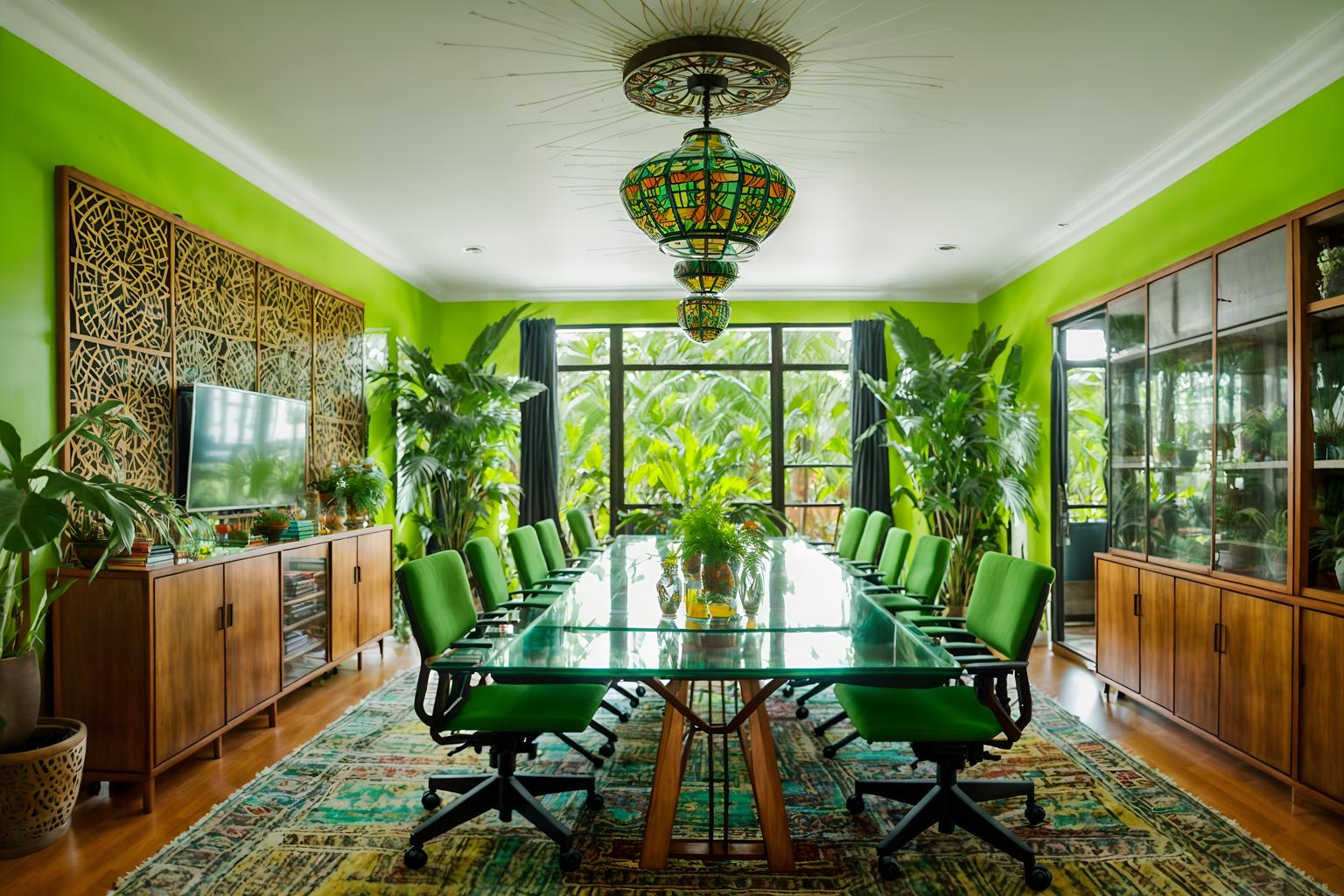 bohemian-style (meeting room interior) with glass doors and office chairs and boardroom table and vase and cabinets and plant and glass walls and painting or photo on wall. . with a lack of structure and natural materials and mixed patterns and lush green nature and playful patterns and bold colors and travel trinkets and animal hides. . cinematic photo, highly detailed, cinematic lighting, ultra-detailed, ultrarealistic, photorealism, 8k. bohemian interior design style. masterpiece, cinematic light, ultrarealistic+, photorealistic+, 8k, raw photo, realistic, sharp focus on eyes, (symmetrical eyes), (intact eyes), hyperrealistic, highest quality, best quality, , highly detailed, masterpiece, best quality, extremely detailed 8k wallpaper, masterpiece, best quality, ultra-detailed, best shadow, detailed background, detailed face, detailed eyes, high contrast, best illumination, detailed face, dulux, caustic, dynamic angle, detailed glow. dramatic lighting. highly detailed, insanely detailed hair, symmetrical, intricate details, professionally retouched, 8k high definition. strong bokeh. award winning photo.