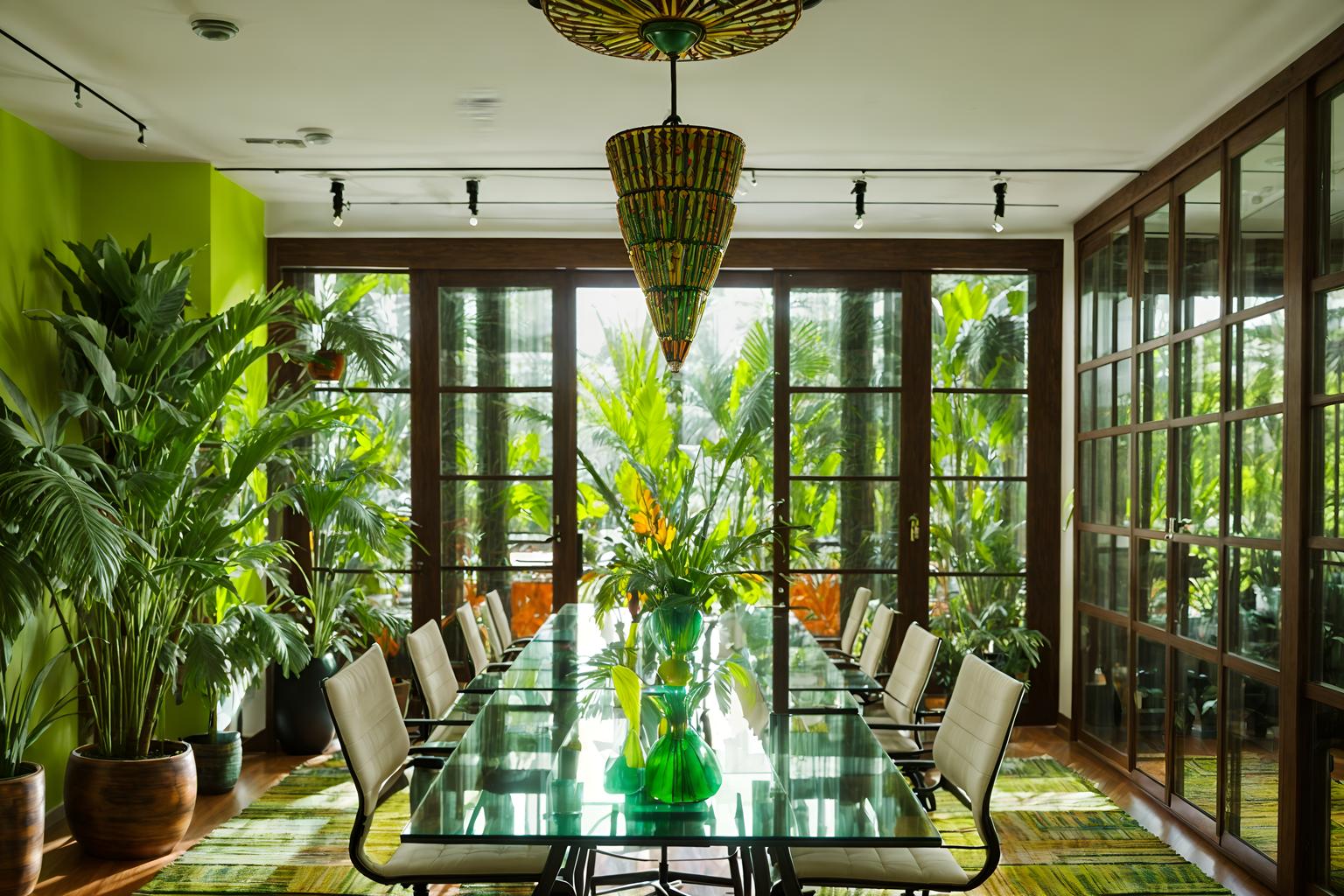 bohemian-style (meeting room interior) with glass doors and office chairs and boardroom table and vase and cabinets and plant and glass walls and painting or photo on wall. . with a lack of structure and natural materials and mixed patterns and lush green nature and playful patterns and bold colors and travel trinkets and animal hides. . cinematic photo, highly detailed, cinematic lighting, ultra-detailed, ultrarealistic, photorealism, 8k. bohemian interior design style. masterpiece, cinematic light, ultrarealistic+, photorealistic+, 8k, raw photo, realistic, sharp focus on eyes, (symmetrical eyes), (intact eyes), hyperrealistic, highest quality, best quality, , highly detailed, masterpiece, best quality, extremely detailed 8k wallpaper, masterpiece, best quality, ultra-detailed, best shadow, detailed background, detailed face, detailed eyes, high contrast, best illumination, detailed face, dulux, caustic, dynamic angle, detailed glow. dramatic lighting. highly detailed, insanely detailed hair, symmetrical, intricate details, professionally retouched, 8k high definition. strong bokeh. award winning photo.