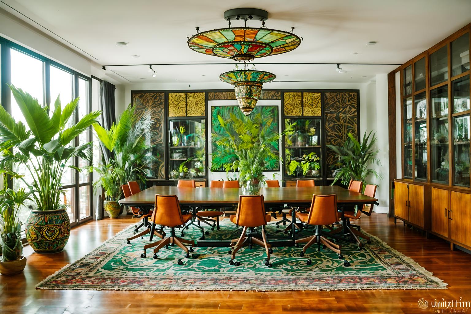 bohemian-style (meeting room interior) with glass doors and office chairs and boardroom table and vase and cabinets and plant and glass walls and painting or photo on wall. . with a lack of structure and natural materials and mixed patterns and lush green nature and playful patterns and bold colors and travel trinkets and animal hides. . cinematic photo, highly detailed, cinematic lighting, ultra-detailed, ultrarealistic, photorealism, 8k. bohemian interior design style. masterpiece, cinematic light, ultrarealistic+, photorealistic+, 8k, raw photo, realistic, sharp focus on eyes, (symmetrical eyes), (intact eyes), hyperrealistic, highest quality, best quality, , highly detailed, masterpiece, best quality, extremely detailed 8k wallpaper, masterpiece, best quality, ultra-detailed, best shadow, detailed background, detailed face, detailed eyes, high contrast, best illumination, detailed face, dulux, caustic, dynamic angle, detailed glow. dramatic lighting. highly detailed, insanely detailed hair, symmetrical, intricate details, professionally retouched, 8k high definition. strong bokeh. award winning photo.