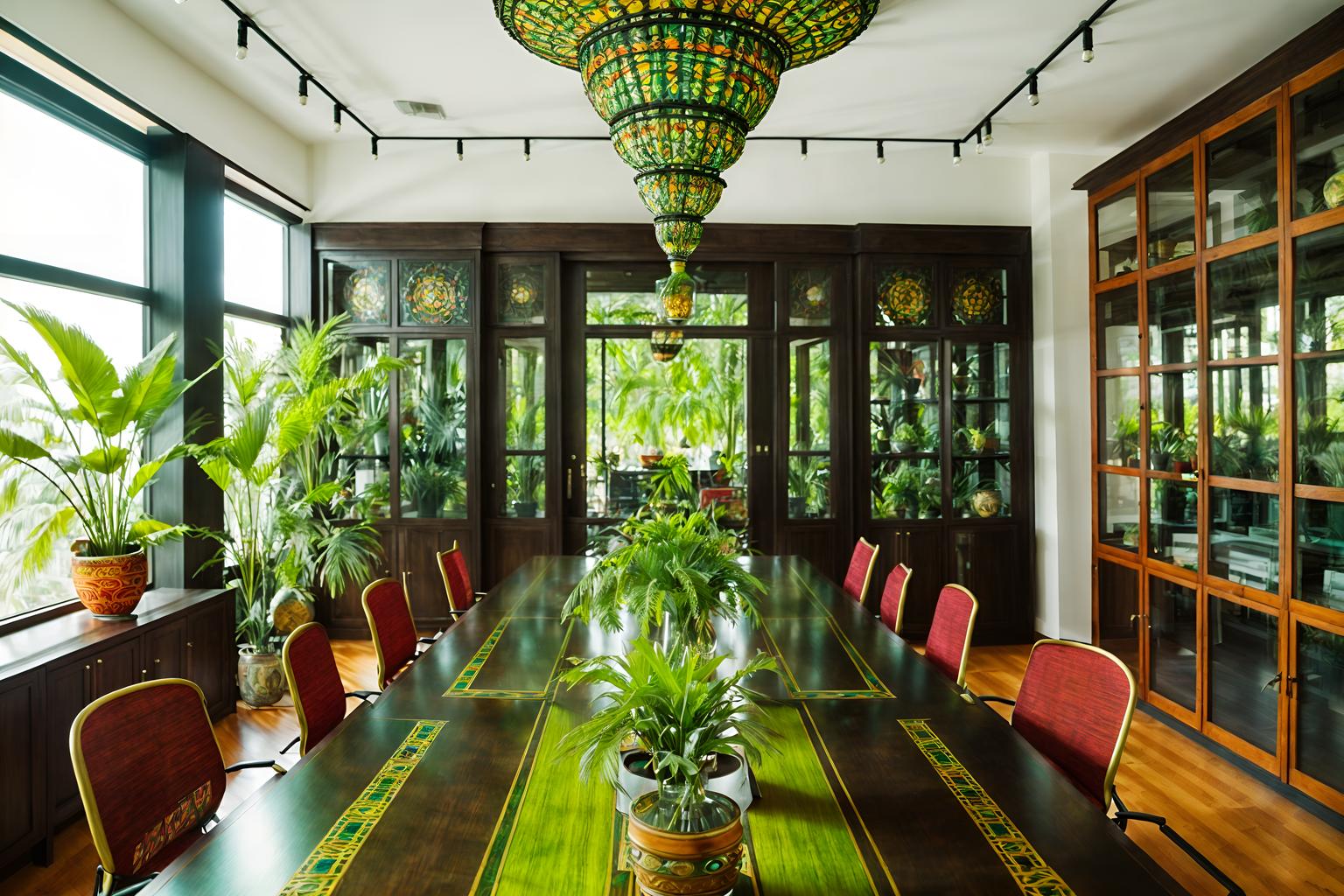 bohemian-style (meeting room interior) with glass doors and office chairs and boardroom table and vase and cabinets and plant and glass walls and painting or photo on wall. . with a lack of structure and natural materials and mixed patterns and lush green nature and playful patterns and bold colors and travel trinkets and animal hides. . cinematic photo, highly detailed, cinematic lighting, ultra-detailed, ultrarealistic, photorealism, 8k. bohemian interior design style. masterpiece, cinematic light, ultrarealistic+, photorealistic+, 8k, raw photo, realistic, sharp focus on eyes, (symmetrical eyes), (intact eyes), hyperrealistic, highest quality, best quality, , highly detailed, masterpiece, best quality, extremely detailed 8k wallpaper, masterpiece, best quality, ultra-detailed, best shadow, detailed background, detailed face, detailed eyes, high contrast, best illumination, detailed face, dulux, caustic, dynamic angle, detailed glow. dramatic lighting. highly detailed, insanely detailed hair, symmetrical, intricate details, professionally retouched, 8k high definition. strong bokeh. award winning photo.