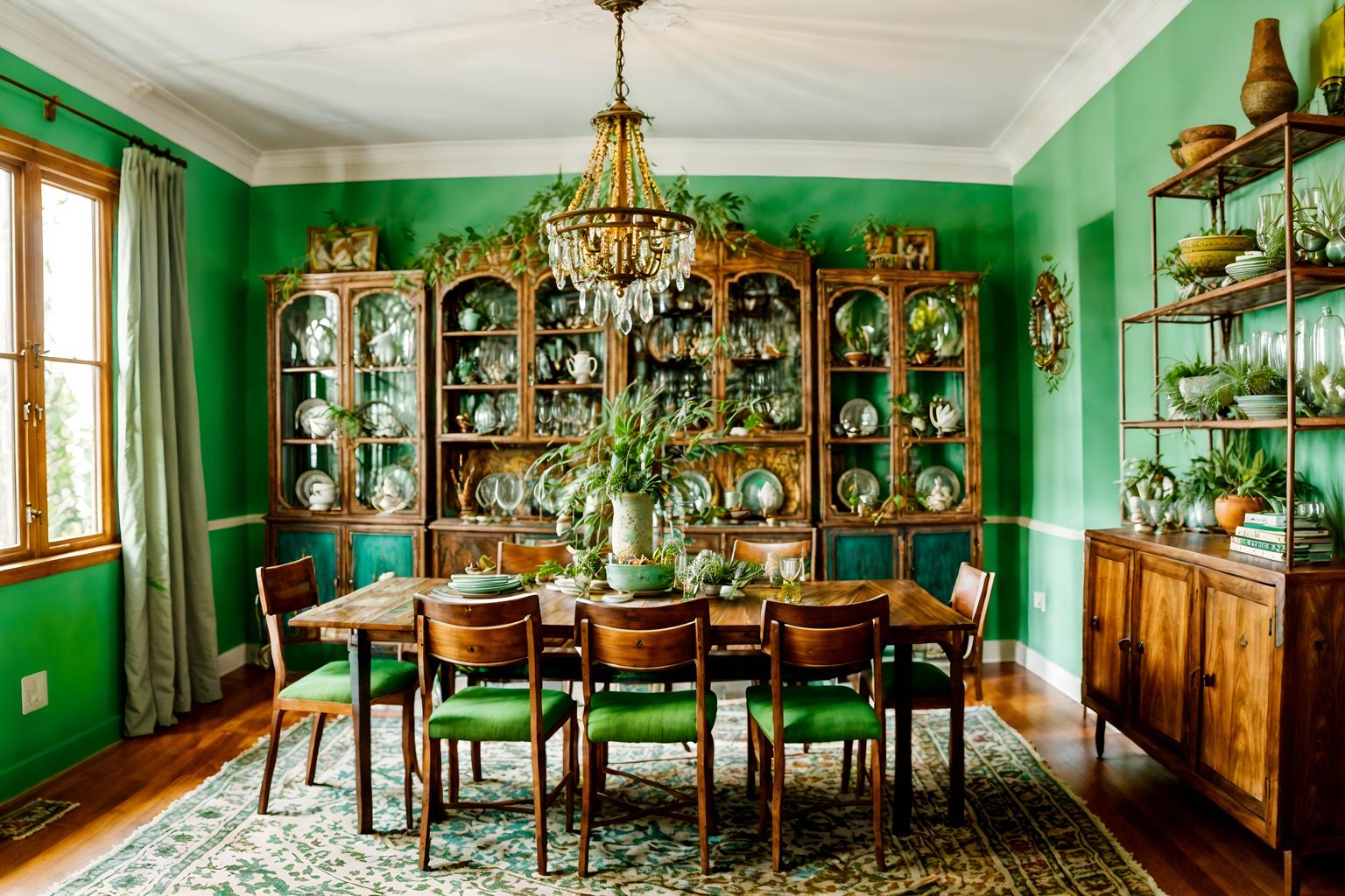 bohemian-style (dining room interior) with bookshelves and plates, cutlery and glasses on dining table and painting or photo on wall and plant and table cloth and light or chandelier and dining table and vase. . with woods and playful textures and playful colors and metals and travel trinkets and lush green nature and bold colors and natural materials. . cinematic photo, highly detailed, cinematic lighting, ultra-detailed, ultrarealistic, photorealism, 8k. bohemian interior design style. masterpiece, cinematic light, ultrarealistic+, photorealistic+, 8k, raw photo, realistic, sharp focus on eyes, (symmetrical eyes), (intact eyes), hyperrealistic, highest quality, best quality, , highly detailed, masterpiece, best quality, extremely detailed 8k wallpaper, masterpiece, best quality, ultra-detailed, best shadow, detailed background, detailed face, detailed eyes, high contrast, best illumination, detailed face, dulux, caustic, dynamic angle, detailed glow. dramatic lighting. highly detailed, insanely detailed hair, symmetrical, intricate details, professionally retouched, 8k high definition. strong bokeh. award winning photo.