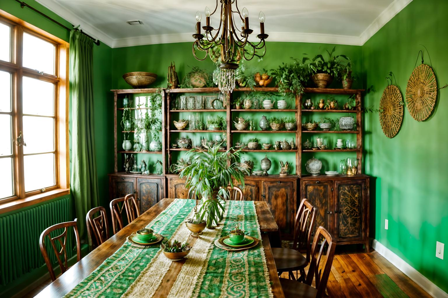 bohemian-style (dining room interior) with bookshelves and plates, cutlery and glasses on dining table and painting or photo on wall and plant and table cloth and light or chandelier and dining table and vase. . with woods and playful textures and playful colors and metals and travel trinkets and lush green nature and bold colors and natural materials. . cinematic photo, highly detailed, cinematic lighting, ultra-detailed, ultrarealistic, photorealism, 8k. bohemian interior design style. masterpiece, cinematic light, ultrarealistic+, photorealistic+, 8k, raw photo, realistic, sharp focus on eyes, (symmetrical eyes), (intact eyes), hyperrealistic, highest quality, best quality, , highly detailed, masterpiece, best quality, extremely detailed 8k wallpaper, masterpiece, best quality, ultra-detailed, best shadow, detailed background, detailed face, detailed eyes, high contrast, best illumination, detailed face, dulux, caustic, dynamic angle, detailed glow. dramatic lighting. highly detailed, insanely detailed hair, symmetrical, intricate details, professionally retouched, 8k high definition. strong bokeh. award winning photo.