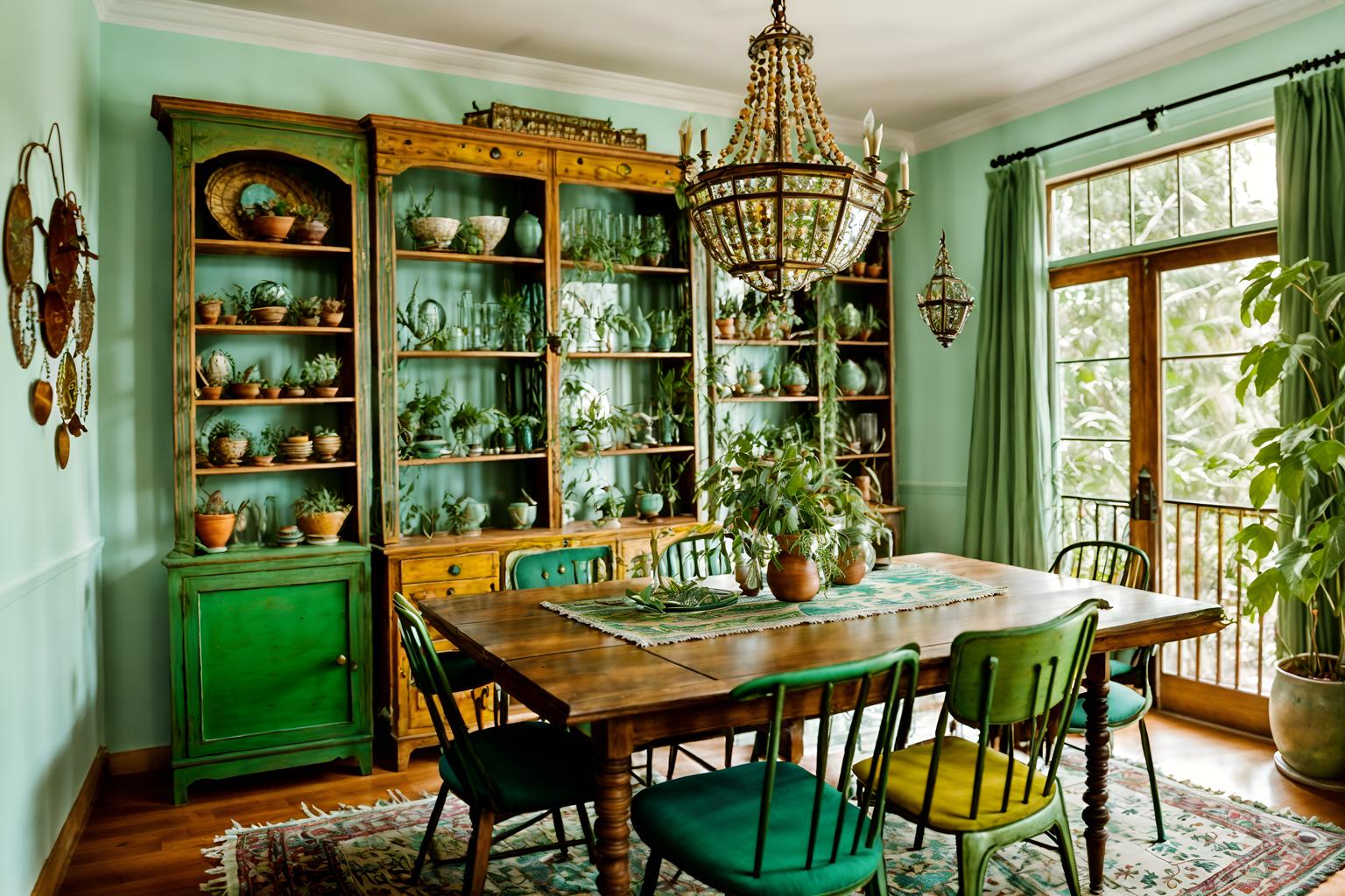 bohemian-style (dining room interior) with bookshelves and plates, cutlery and glasses on dining table and painting or photo on wall and plant and table cloth and light or chandelier and dining table and vase. . with woods and playful textures and playful colors and metals and travel trinkets and lush green nature and bold colors and natural materials. . cinematic photo, highly detailed, cinematic lighting, ultra-detailed, ultrarealistic, photorealism, 8k. bohemian interior design style. masterpiece, cinematic light, ultrarealistic+, photorealistic+, 8k, raw photo, realistic, sharp focus on eyes, (symmetrical eyes), (intact eyes), hyperrealistic, highest quality, best quality, , highly detailed, masterpiece, best quality, extremely detailed 8k wallpaper, masterpiece, best quality, ultra-detailed, best shadow, detailed background, detailed face, detailed eyes, high contrast, best illumination, detailed face, dulux, caustic, dynamic angle, detailed glow. dramatic lighting. highly detailed, insanely detailed hair, symmetrical, intricate details, professionally retouched, 8k high definition. strong bokeh. award winning photo.