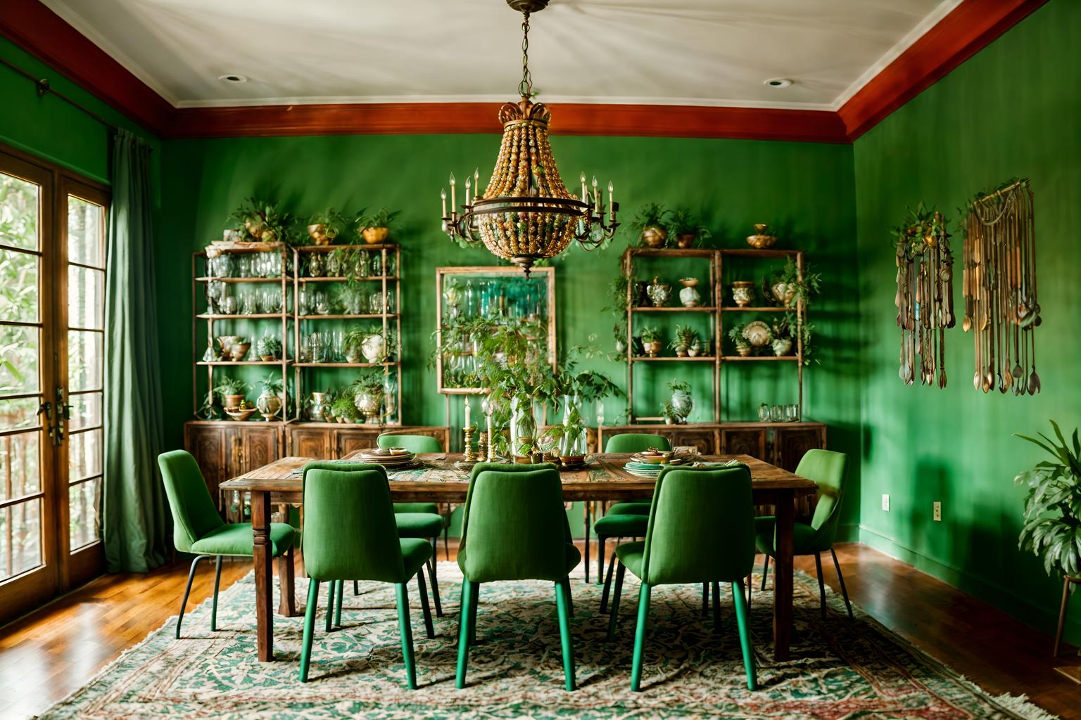 bohemian-style (dining room interior) with bookshelves and plates, cutlery and glasses on dining table and painting or photo on wall and plant and table cloth and light or chandelier and dining table and vase. . with woods and playful textures and playful colors and metals and travel trinkets and lush green nature and bold colors and natural materials. . cinematic photo, highly detailed, cinematic lighting, ultra-detailed, ultrarealistic, photorealism, 8k. bohemian interior design style. masterpiece, cinematic light, ultrarealistic+, photorealistic+, 8k, raw photo, realistic, sharp focus on eyes, (symmetrical eyes), (intact eyes), hyperrealistic, highest quality, best quality, , highly detailed, masterpiece, best quality, extremely detailed 8k wallpaper, masterpiece, best quality, ultra-detailed, best shadow, detailed background, detailed face, detailed eyes, high contrast, best illumination, detailed face, dulux, caustic, dynamic angle, detailed glow. dramatic lighting. highly detailed, insanely detailed hair, symmetrical, intricate details, professionally retouched, 8k high definition. strong bokeh. award winning photo.