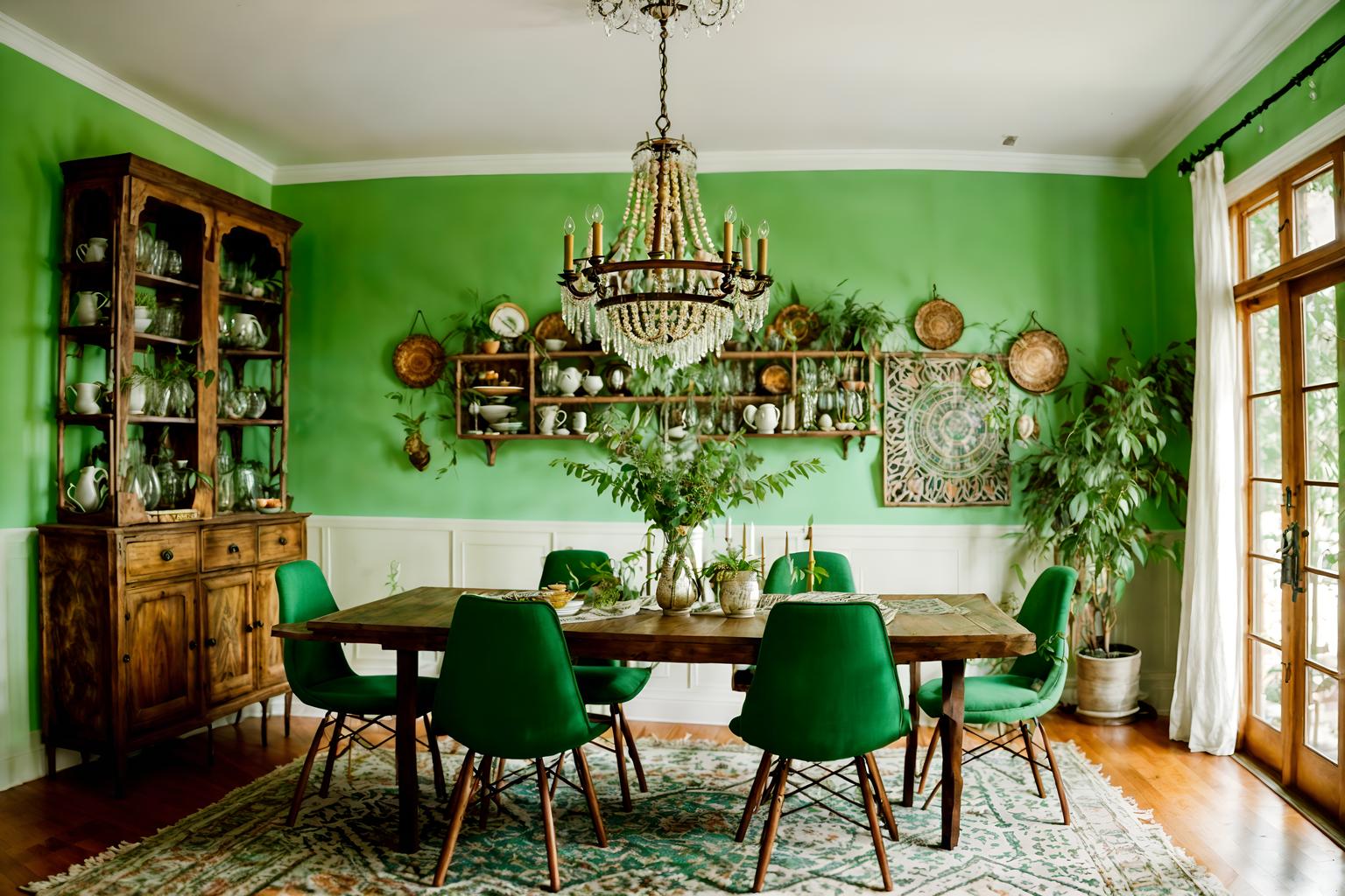 bohemian-style (dining room interior) with bookshelves and plates, cutlery and glasses on dining table and painting or photo on wall and plant and table cloth and light or chandelier and dining table and vase. . with woods and playful textures and playful colors and metals and travel trinkets and lush green nature and bold colors and natural materials. . cinematic photo, highly detailed, cinematic lighting, ultra-detailed, ultrarealistic, photorealism, 8k. bohemian interior design style. masterpiece, cinematic light, ultrarealistic+, photorealistic+, 8k, raw photo, realistic, sharp focus on eyes, (symmetrical eyes), (intact eyes), hyperrealistic, highest quality, best quality, , highly detailed, masterpiece, best quality, extremely detailed 8k wallpaper, masterpiece, best quality, ultra-detailed, best shadow, detailed background, detailed face, detailed eyes, high contrast, best illumination, detailed face, dulux, caustic, dynamic angle, detailed glow. dramatic lighting. highly detailed, insanely detailed hair, symmetrical, intricate details, professionally retouched, 8k high definition. strong bokeh. award winning photo.