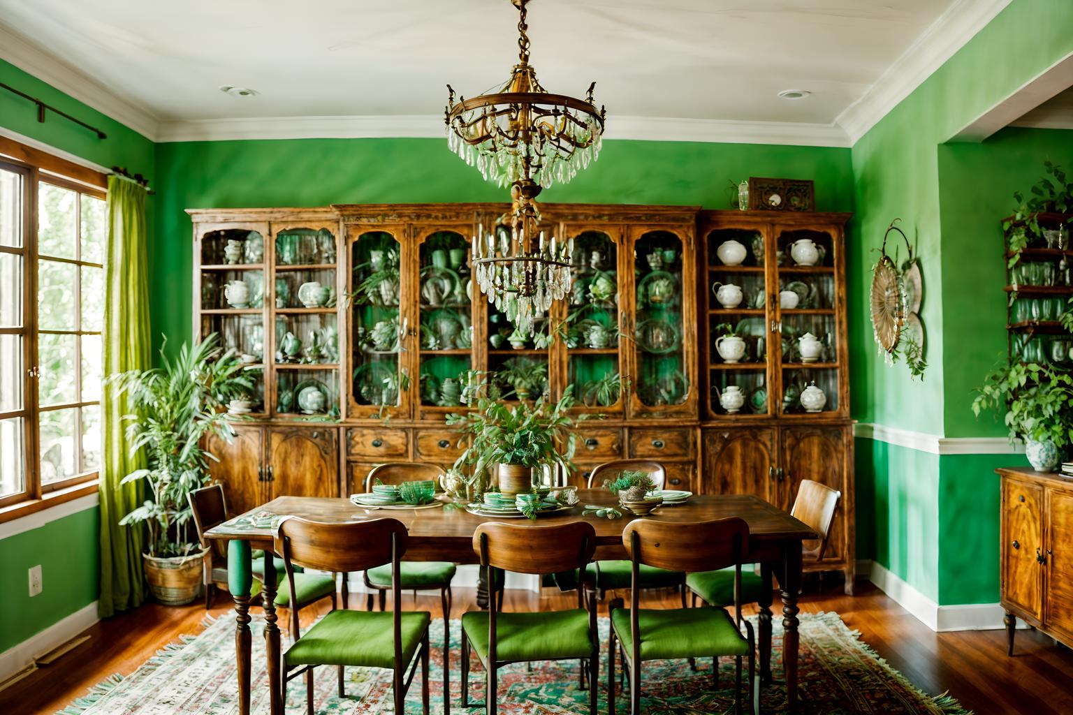 bohemian-style (dining room interior) with bookshelves and plates, cutlery and glasses on dining table and painting or photo on wall and plant and table cloth and light or chandelier and dining table and vase. . with woods and playful textures and playful colors and metals and travel trinkets and lush green nature and bold colors and natural materials. . cinematic photo, highly detailed, cinematic lighting, ultra-detailed, ultrarealistic, photorealism, 8k. bohemian interior design style. masterpiece, cinematic light, ultrarealistic+, photorealistic+, 8k, raw photo, realistic, sharp focus on eyes, (symmetrical eyes), (intact eyes), hyperrealistic, highest quality, best quality, , highly detailed, masterpiece, best quality, extremely detailed 8k wallpaper, masterpiece, best quality, ultra-detailed, best shadow, detailed background, detailed face, detailed eyes, high contrast, best illumination, detailed face, dulux, caustic, dynamic angle, detailed glow. dramatic lighting. highly detailed, insanely detailed hair, symmetrical, intricate details, professionally retouched, 8k high definition. strong bokeh. award winning photo.