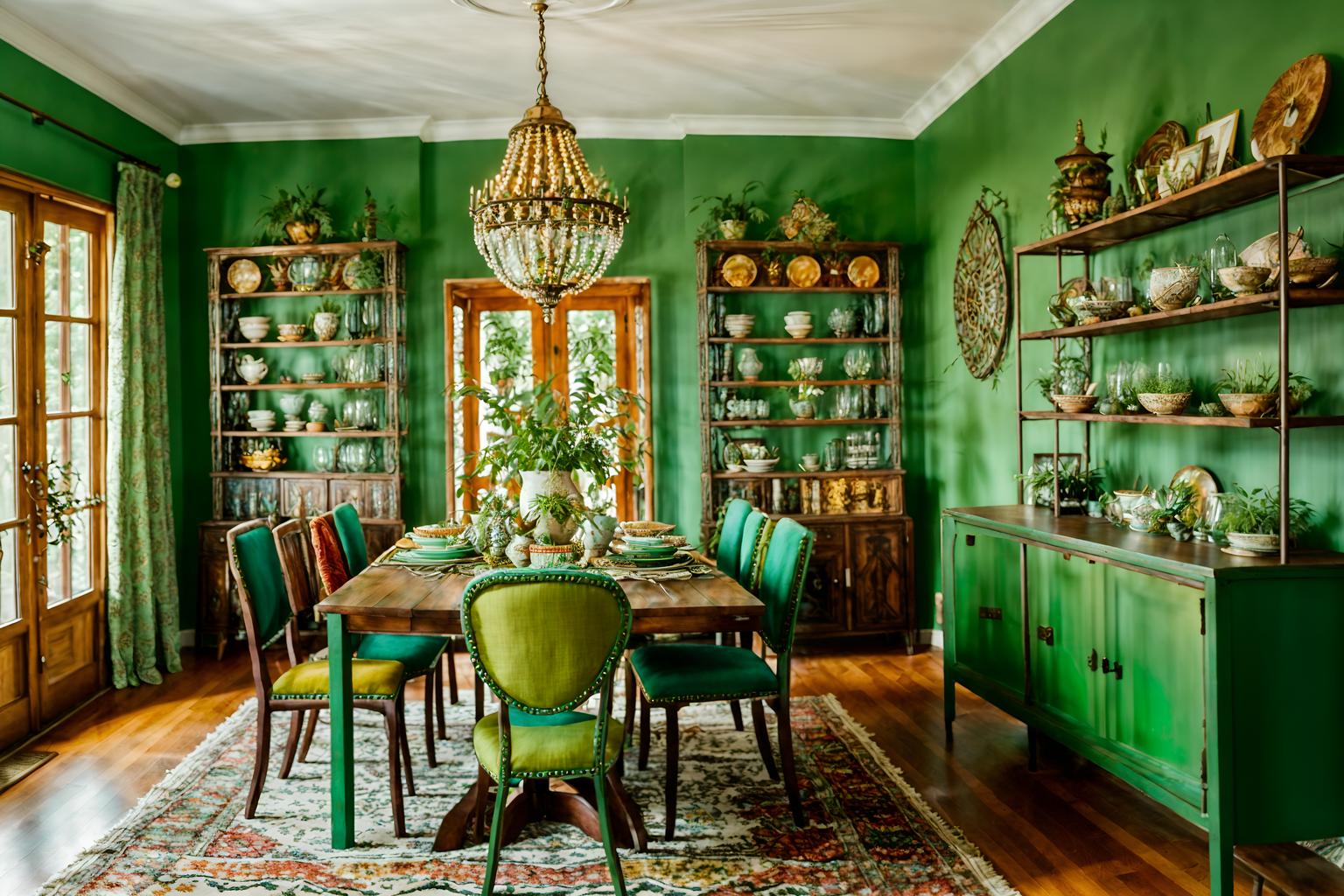 bohemian-style (dining room interior) with bookshelves and plates, cutlery and glasses on dining table and painting or photo on wall and plant and table cloth and light or chandelier and dining table and vase. . with woods and playful textures and playful colors and metals and travel trinkets and lush green nature and bold colors and natural materials. . cinematic photo, highly detailed, cinematic lighting, ultra-detailed, ultrarealistic, photorealism, 8k. bohemian interior design style. masterpiece, cinematic light, ultrarealistic+, photorealistic+, 8k, raw photo, realistic, sharp focus on eyes, (symmetrical eyes), (intact eyes), hyperrealistic, highest quality, best quality, , highly detailed, masterpiece, best quality, extremely detailed 8k wallpaper, masterpiece, best quality, ultra-detailed, best shadow, detailed background, detailed face, detailed eyes, high contrast, best illumination, detailed face, dulux, caustic, dynamic angle, detailed glow. dramatic lighting. highly detailed, insanely detailed hair, symmetrical, intricate details, professionally retouched, 8k high definition. strong bokeh. award winning photo.