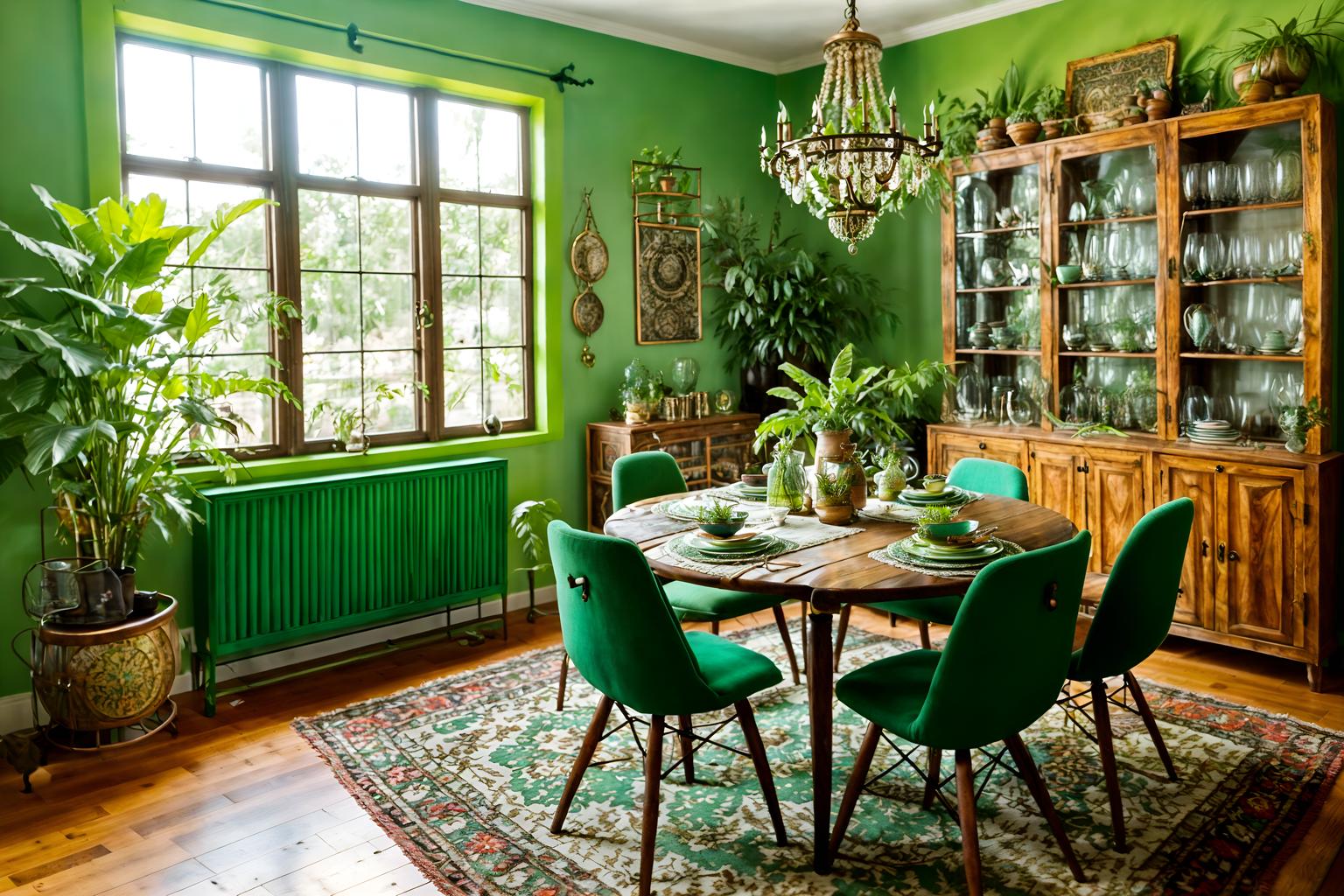 bohemian-style (dining room interior) with bookshelves and plates, cutlery and glasses on dining table and painting or photo on wall and plant and table cloth and light or chandelier and dining table and vase. . with woods and playful textures and playful colors and metals and travel trinkets and lush green nature and bold colors and natural materials. . cinematic photo, highly detailed, cinematic lighting, ultra-detailed, ultrarealistic, photorealism, 8k. bohemian interior design style. masterpiece, cinematic light, ultrarealistic+, photorealistic+, 8k, raw photo, realistic, sharp focus on eyes, (symmetrical eyes), (intact eyes), hyperrealistic, highest quality, best quality, , highly detailed, masterpiece, best quality, extremely detailed 8k wallpaper, masterpiece, best quality, ultra-detailed, best shadow, detailed background, detailed face, detailed eyes, high contrast, best illumination, detailed face, dulux, caustic, dynamic angle, detailed glow. dramatic lighting. highly detailed, insanely detailed hair, symmetrical, intricate details, professionally retouched, 8k high definition. strong bokeh. award winning photo.