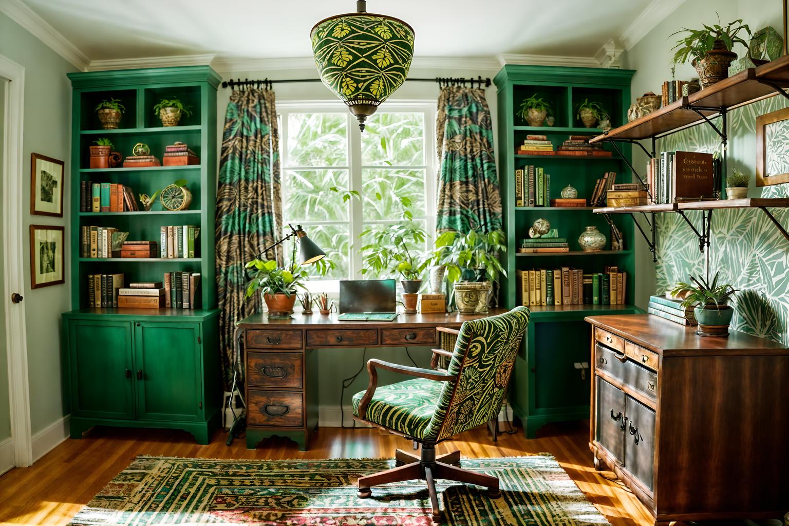 bohemian-style (study room interior) with desk lamp and plant and cabinets and writing desk and lounge chair and bookshelves and office chair and desk lamp. . with carefree layers of pattern, texture, and color and mixed patterns and bold patterns and playful textures and woods and lush green nature and a lack of structure and metals. . cinematic photo, highly detailed, cinematic lighting, ultra-detailed, ultrarealistic, photorealism, 8k. bohemian interior design style. masterpiece, cinematic light, ultrarealistic+, photorealistic+, 8k, raw photo, realistic, sharp focus on eyes, (symmetrical eyes), (intact eyes), hyperrealistic, highest quality, best quality, , highly detailed, masterpiece, best quality, extremely detailed 8k wallpaper, masterpiece, best quality, ultra-detailed, best shadow, detailed background, detailed face, detailed eyes, high contrast, best illumination, detailed face, dulux, caustic, dynamic angle, detailed glow. dramatic lighting. highly detailed, insanely detailed hair, symmetrical, intricate details, professionally retouched, 8k high definition. strong bokeh. award winning photo.