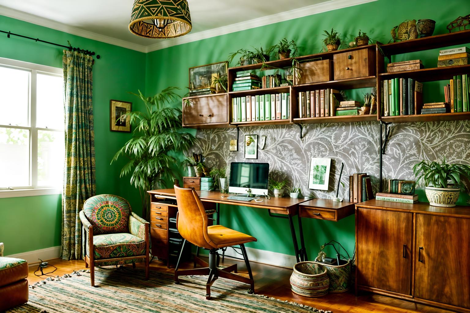 bohemian-style (study room interior) with desk lamp and plant and cabinets and writing desk and lounge chair and bookshelves and office chair and desk lamp. . with carefree layers of pattern, texture, and color and mixed patterns and bold patterns and playful textures and woods and lush green nature and a lack of structure and metals. . cinematic photo, highly detailed, cinematic lighting, ultra-detailed, ultrarealistic, photorealism, 8k. bohemian interior design style. masterpiece, cinematic light, ultrarealistic+, photorealistic+, 8k, raw photo, realistic, sharp focus on eyes, (symmetrical eyes), (intact eyes), hyperrealistic, highest quality, best quality, , highly detailed, masterpiece, best quality, extremely detailed 8k wallpaper, masterpiece, best quality, ultra-detailed, best shadow, detailed background, detailed face, detailed eyes, high contrast, best illumination, detailed face, dulux, caustic, dynamic angle, detailed glow. dramatic lighting. highly detailed, insanely detailed hair, symmetrical, intricate details, professionally retouched, 8k high definition. strong bokeh. award winning photo.