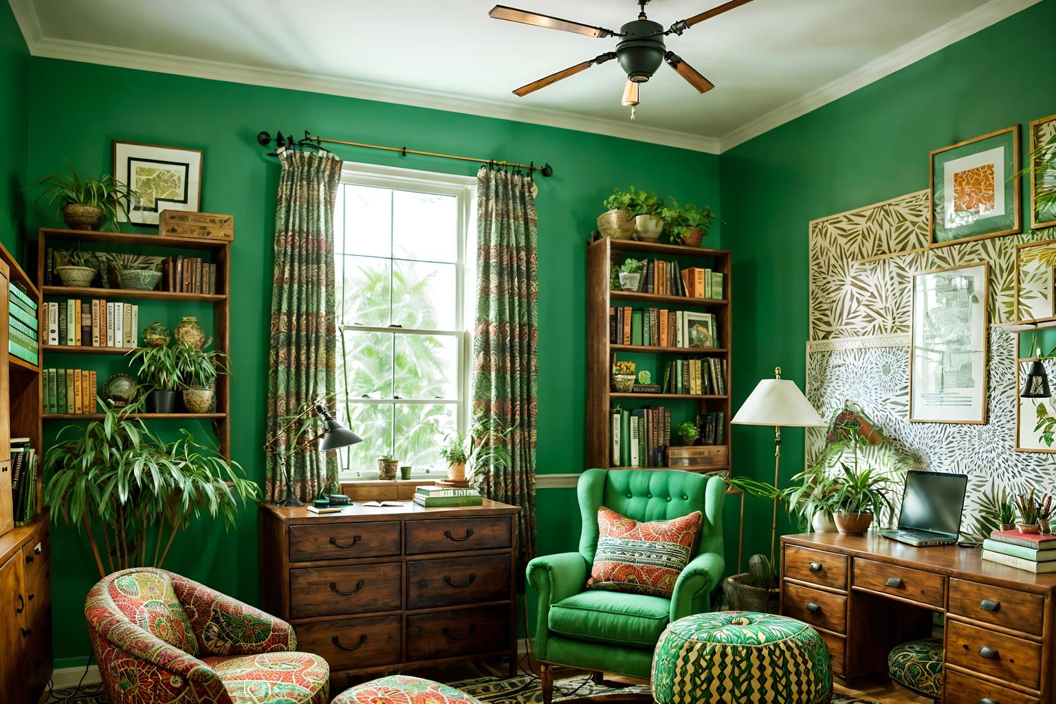 bohemian-style (study room interior) with desk lamp and plant and cabinets and writing desk and lounge chair and bookshelves and office chair and desk lamp. . with carefree layers of pattern, texture, and color and mixed patterns and bold patterns and playful textures and woods and lush green nature and a lack of structure and metals. . cinematic photo, highly detailed, cinematic lighting, ultra-detailed, ultrarealistic, photorealism, 8k. bohemian interior design style. masterpiece, cinematic light, ultrarealistic+, photorealistic+, 8k, raw photo, realistic, sharp focus on eyes, (symmetrical eyes), (intact eyes), hyperrealistic, highest quality, best quality, , highly detailed, masterpiece, best quality, extremely detailed 8k wallpaper, masterpiece, best quality, ultra-detailed, best shadow, detailed background, detailed face, detailed eyes, high contrast, best illumination, detailed face, dulux, caustic, dynamic angle, detailed glow. dramatic lighting. highly detailed, insanely detailed hair, symmetrical, intricate details, professionally retouched, 8k high definition. strong bokeh. award winning photo.