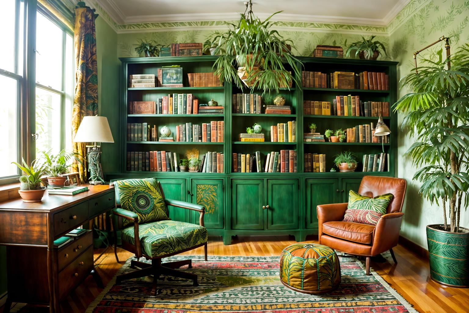 bohemian-style (study room interior) with desk lamp and plant and cabinets and writing desk and lounge chair and bookshelves and office chair and desk lamp. . with carefree layers of pattern, texture, and color and mixed patterns and bold patterns and playful textures and woods and lush green nature and a lack of structure and metals. . cinematic photo, highly detailed, cinematic lighting, ultra-detailed, ultrarealistic, photorealism, 8k. bohemian interior design style. masterpiece, cinematic light, ultrarealistic+, photorealistic+, 8k, raw photo, realistic, sharp focus on eyes, (symmetrical eyes), (intact eyes), hyperrealistic, highest quality, best quality, , highly detailed, masterpiece, best quality, extremely detailed 8k wallpaper, masterpiece, best quality, ultra-detailed, best shadow, detailed background, detailed face, detailed eyes, high contrast, best illumination, detailed face, dulux, caustic, dynamic angle, detailed glow. dramatic lighting. highly detailed, insanely detailed hair, symmetrical, intricate details, professionally retouched, 8k high definition. strong bokeh. award winning photo.