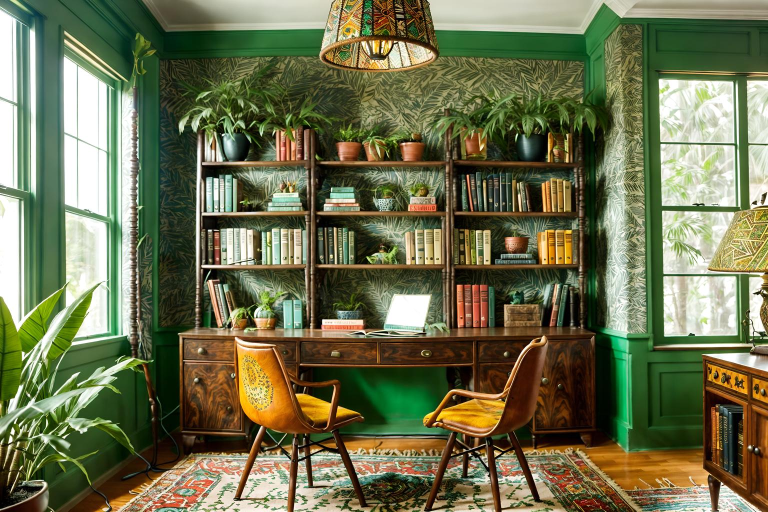 bohemian-style (study room interior) with desk lamp and plant and cabinets and writing desk and lounge chair and bookshelves and office chair and desk lamp. . with carefree layers of pattern, texture, and color and mixed patterns and bold patterns and playful textures and woods and lush green nature and a lack of structure and metals. . cinematic photo, highly detailed, cinematic lighting, ultra-detailed, ultrarealistic, photorealism, 8k. bohemian interior design style. masterpiece, cinematic light, ultrarealistic+, photorealistic+, 8k, raw photo, realistic, sharp focus on eyes, (symmetrical eyes), (intact eyes), hyperrealistic, highest quality, best quality, , highly detailed, masterpiece, best quality, extremely detailed 8k wallpaper, masterpiece, best quality, ultra-detailed, best shadow, detailed background, detailed face, detailed eyes, high contrast, best illumination, detailed face, dulux, caustic, dynamic angle, detailed glow. dramatic lighting. highly detailed, insanely detailed hair, symmetrical, intricate details, professionally retouched, 8k high definition. strong bokeh. award winning photo.