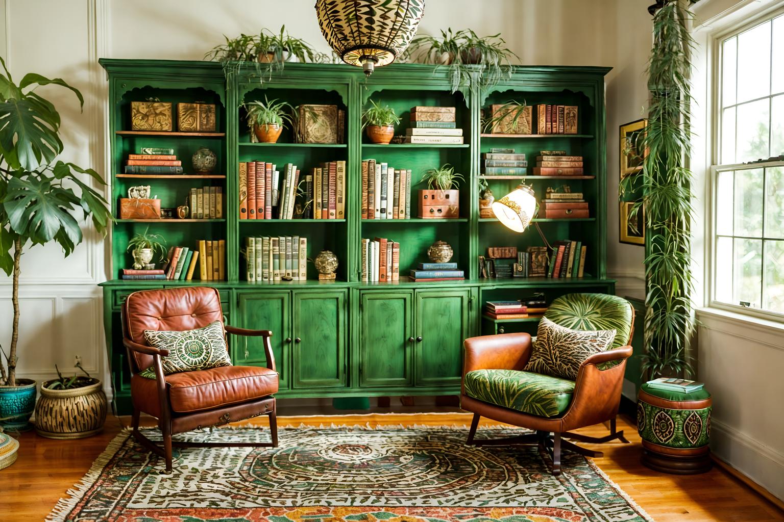 bohemian-style (study room interior) with desk lamp and plant and cabinets and writing desk and lounge chair and bookshelves and office chair and desk lamp. . with carefree layers of pattern, texture, and color and mixed patterns and bold patterns and playful textures and woods and lush green nature and a lack of structure and metals. . cinematic photo, highly detailed, cinematic lighting, ultra-detailed, ultrarealistic, photorealism, 8k. bohemian interior design style. masterpiece, cinematic light, ultrarealistic+, photorealistic+, 8k, raw photo, realistic, sharp focus on eyes, (symmetrical eyes), (intact eyes), hyperrealistic, highest quality, best quality, , highly detailed, masterpiece, best quality, extremely detailed 8k wallpaper, masterpiece, best quality, ultra-detailed, best shadow, detailed background, detailed face, detailed eyes, high contrast, best illumination, detailed face, dulux, caustic, dynamic angle, detailed glow. dramatic lighting. highly detailed, insanely detailed hair, symmetrical, intricate details, professionally retouched, 8k high definition. strong bokeh. award winning photo.