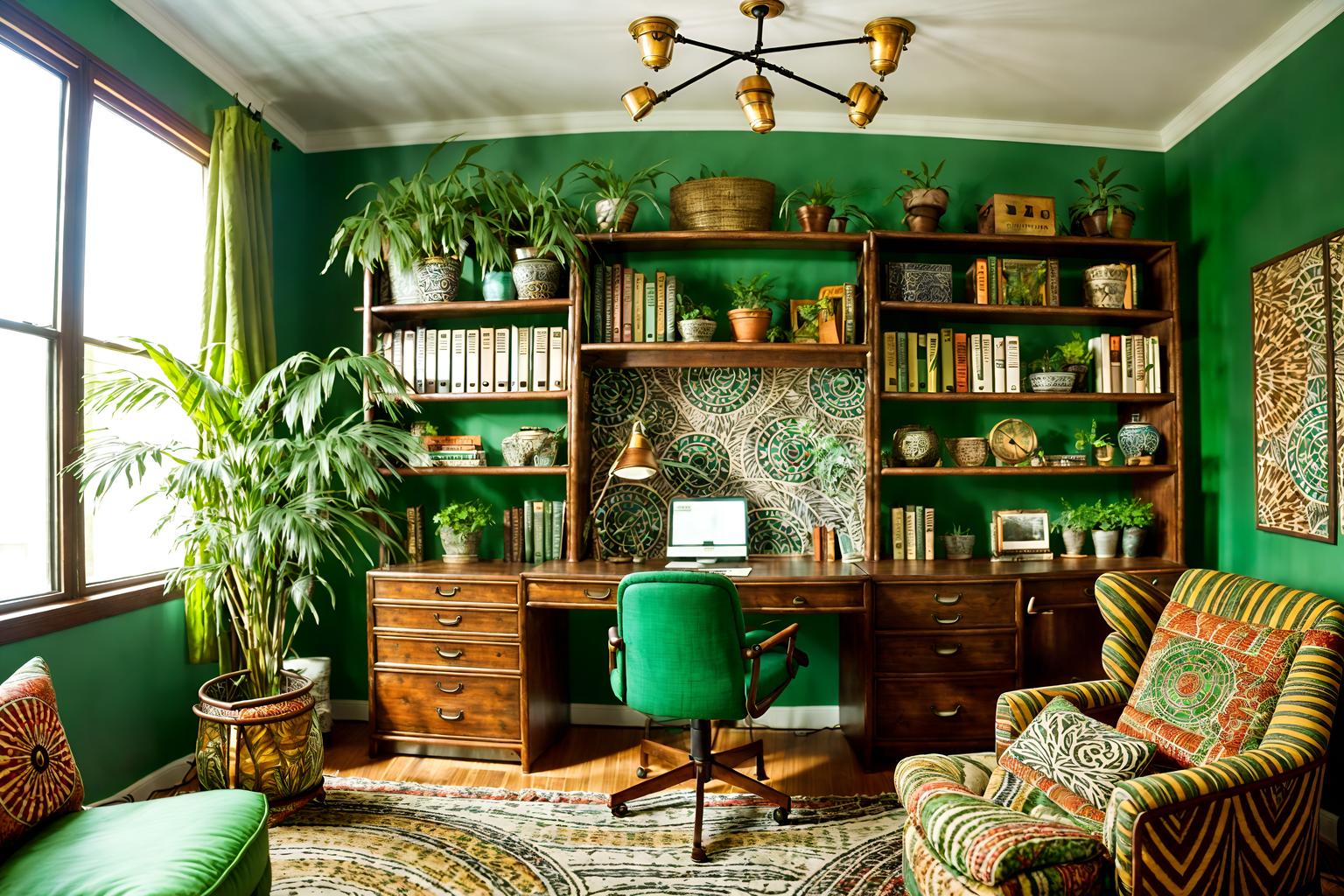 bohemian-style (study room interior) with desk lamp and plant and cabinets and writing desk and lounge chair and bookshelves and office chair and desk lamp. . with carefree layers of pattern, texture, and color and mixed patterns and bold patterns and playful textures and woods and lush green nature and a lack of structure and metals. . cinematic photo, highly detailed, cinematic lighting, ultra-detailed, ultrarealistic, photorealism, 8k. bohemian interior design style. masterpiece, cinematic light, ultrarealistic+, photorealistic+, 8k, raw photo, realistic, sharp focus on eyes, (symmetrical eyes), (intact eyes), hyperrealistic, highest quality, best quality, , highly detailed, masterpiece, best quality, extremely detailed 8k wallpaper, masterpiece, best quality, ultra-detailed, best shadow, detailed background, detailed face, detailed eyes, high contrast, best illumination, detailed face, dulux, caustic, dynamic angle, detailed glow. dramatic lighting. highly detailed, insanely detailed hair, symmetrical, intricate details, professionally retouched, 8k high definition. strong bokeh. award winning photo.