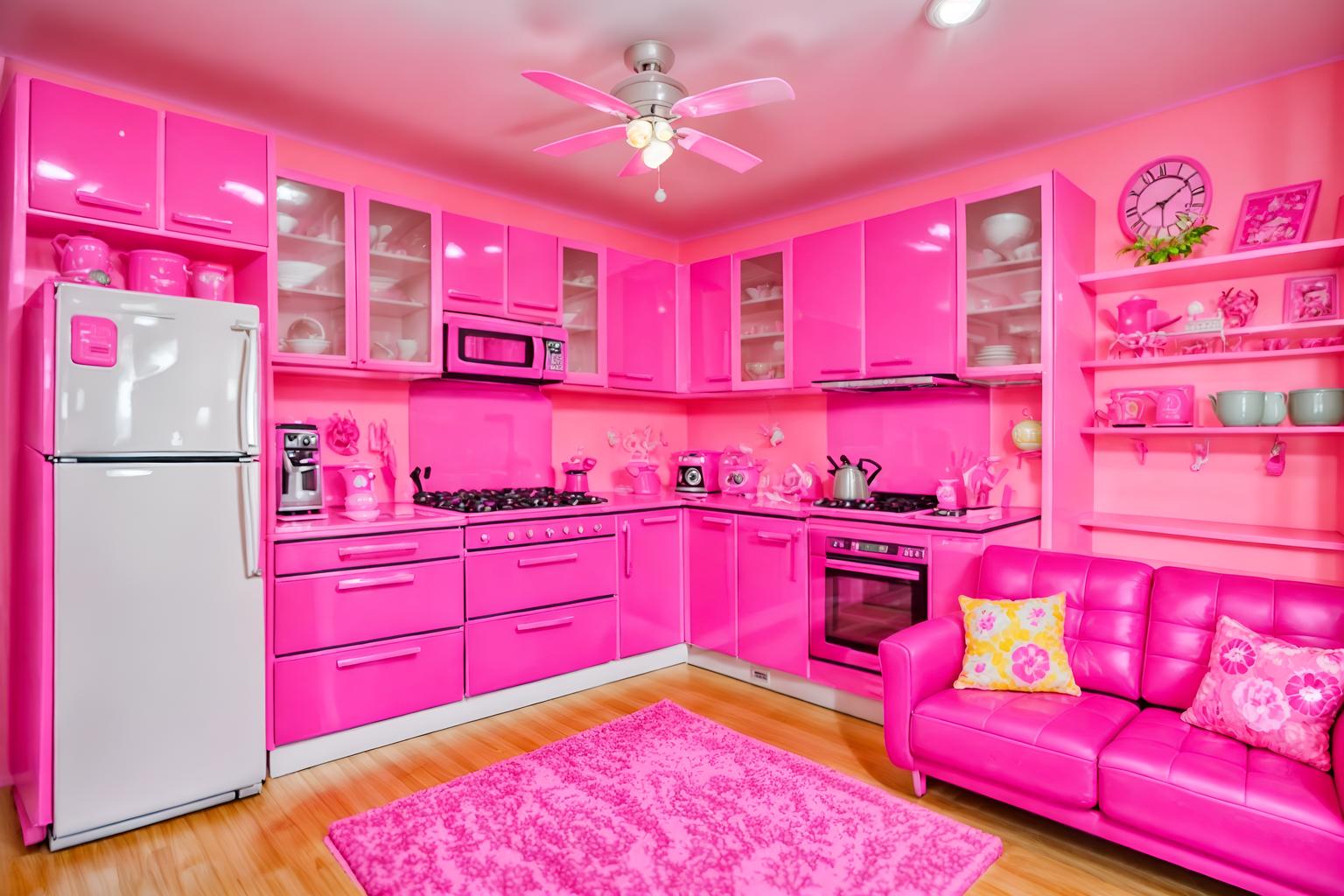 hot pink-style (kitchen living combo interior) with bookshelves and stove and televisions and plant and electric lamps and coffee tables and sink and refrigerator. . with barbie style interior and barbie closet and hot pink barbie colors and barbie bold rosy hues like fuchsia and magenta and barbie sofa and barbie glitter and sparkle and hot pink barbie walls and barbie plastic interior. . cinematic photo, highly detailed, cinematic lighting, ultra-detailed, ultrarealistic, photorealism, 8k. hot pink interior design style. masterpiece, cinematic light, ultrarealistic+, photorealistic+, 8k, raw photo, realistic, sharp focus on eyes, (symmetrical eyes), (intact eyes), hyperrealistic, highest quality, best quality, , highly detailed, masterpiece, best quality, extremely detailed 8k wallpaper, masterpiece, best quality, ultra-detailed, best shadow, detailed background, detailed face, detailed eyes, high contrast, best illumination, detailed face, dulux, caustic, dynamic angle, detailed glow. dramatic lighting. highly detailed, insanely detailed hair, symmetrical, intricate details, professionally retouched, 8k high definition. strong bokeh. award winning photo.