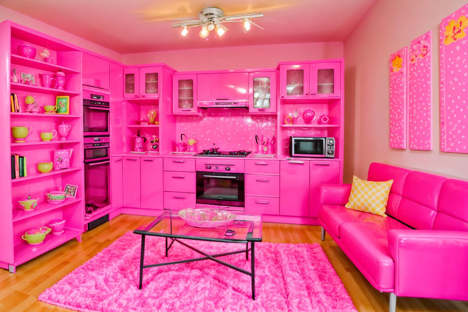 hot pink-style (kitchen living combo interior) with bookshelves and stove and televisions and plant and electric lamps and coffee tables and sink and refrigerator. . with barbie style interior and barbie closet and hot pink barbie colors and barbie bold rosy hues like fuchsia and magenta and barbie sofa and barbie glitter and sparkle and hot pink barbie walls and barbie plastic interior. . cinematic photo, highly detailed, cinematic lighting, ultra-detailed, ultrarealistic, photorealism, 8k. hot pink interior design style. masterpiece, cinematic light, ultrarealistic+, photorealistic+, 8k, raw photo, realistic, sharp focus on eyes, (symmetrical eyes), (intact eyes), hyperrealistic, highest quality, best quality, , highly detailed, masterpiece, best quality, extremely detailed 8k wallpaper, masterpiece, best quality, ultra-detailed, best shadow, detailed background, detailed face, detailed eyes, high contrast, best illumination, detailed face, dulux, caustic, dynamic angle, detailed glow. dramatic lighting. highly detailed, insanely detailed hair, symmetrical, intricate details, professionally retouched, 8k high definition. strong bokeh. award winning photo.