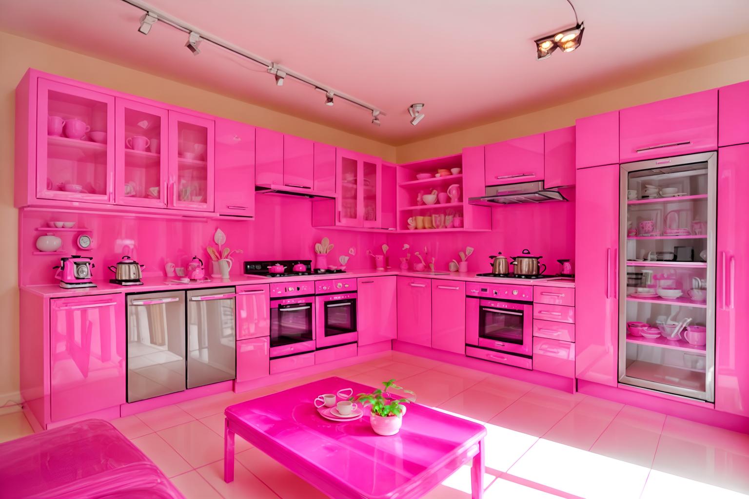 hot pink-style (kitchen living combo interior) with bookshelves and stove and televisions and plant and electric lamps and coffee tables and sink and refrigerator. . with barbie style interior and barbie closet and hot pink barbie colors and barbie bold rosy hues like fuchsia and magenta and barbie sofa and barbie glitter and sparkle and hot pink barbie walls and barbie plastic interior. . cinematic photo, highly detailed, cinematic lighting, ultra-detailed, ultrarealistic, photorealism, 8k. hot pink interior design style. masterpiece, cinematic light, ultrarealistic+, photorealistic+, 8k, raw photo, realistic, sharp focus on eyes, (symmetrical eyes), (intact eyes), hyperrealistic, highest quality, best quality, , highly detailed, masterpiece, best quality, extremely detailed 8k wallpaper, masterpiece, best quality, ultra-detailed, best shadow, detailed background, detailed face, detailed eyes, high contrast, best illumination, detailed face, dulux, caustic, dynamic angle, detailed glow. dramatic lighting. highly detailed, insanely detailed hair, symmetrical, intricate details, professionally retouched, 8k high definition. strong bokeh. award winning photo.