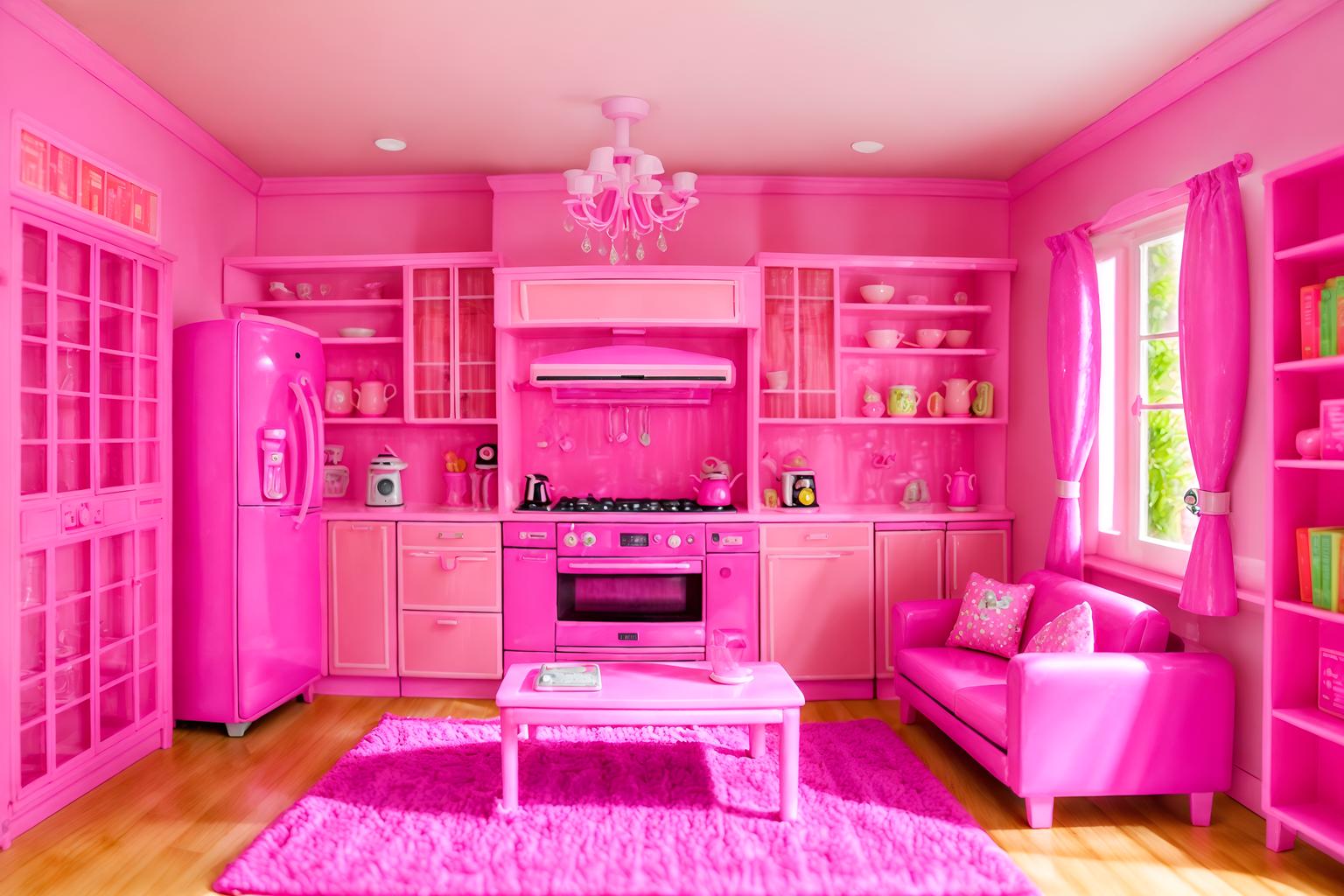 hot pink-style (kitchen living combo interior) with bookshelves and stove and televisions and plant and electric lamps and coffee tables and sink and refrigerator. . with barbie style interior and barbie closet and hot pink barbie colors and barbie bold rosy hues like fuchsia and magenta and barbie sofa and barbie glitter and sparkle and hot pink barbie walls and barbie plastic interior. . cinematic photo, highly detailed, cinematic lighting, ultra-detailed, ultrarealistic, photorealism, 8k. hot pink interior design style. masterpiece, cinematic light, ultrarealistic+, photorealistic+, 8k, raw photo, realistic, sharp focus on eyes, (symmetrical eyes), (intact eyes), hyperrealistic, highest quality, best quality, , highly detailed, masterpiece, best quality, extremely detailed 8k wallpaper, masterpiece, best quality, ultra-detailed, best shadow, detailed background, detailed face, detailed eyes, high contrast, best illumination, detailed face, dulux, caustic, dynamic angle, detailed glow. dramatic lighting. highly detailed, insanely detailed hair, symmetrical, intricate details, professionally retouched, 8k high definition. strong bokeh. award winning photo.