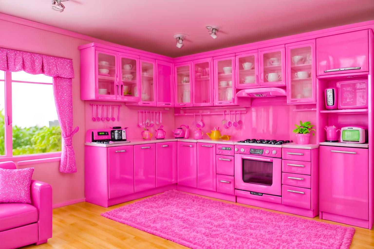 hot pink-style (kitchen living combo interior) with bookshelves and stove and televisions and plant and electric lamps and coffee tables and sink and refrigerator. . with barbie style interior and barbie closet and hot pink barbie colors and barbie bold rosy hues like fuchsia and magenta and barbie sofa and barbie glitter and sparkle and hot pink barbie walls and barbie plastic interior. . cinematic photo, highly detailed, cinematic lighting, ultra-detailed, ultrarealistic, photorealism, 8k. hot pink interior design style. masterpiece, cinematic light, ultrarealistic+, photorealistic+, 8k, raw photo, realistic, sharp focus on eyes, (symmetrical eyes), (intact eyes), hyperrealistic, highest quality, best quality, , highly detailed, masterpiece, best quality, extremely detailed 8k wallpaper, masterpiece, best quality, ultra-detailed, best shadow, detailed background, detailed face, detailed eyes, high contrast, best illumination, detailed face, dulux, caustic, dynamic angle, detailed glow. dramatic lighting. highly detailed, insanely detailed hair, symmetrical, intricate details, professionally retouched, 8k high definition. strong bokeh. award winning photo.