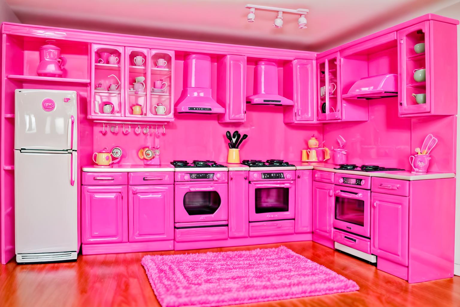 hot pink-style (kitchen living combo interior) with bookshelves and stove and televisions and plant and electric lamps and coffee tables and sink and refrigerator. . with barbie style interior and barbie closet and hot pink barbie colors and barbie bold rosy hues like fuchsia and magenta and barbie sofa and barbie glitter and sparkle and hot pink barbie walls and barbie plastic interior. . cinematic photo, highly detailed, cinematic lighting, ultra-detailed, ultrarealistic, photorealism, 8k. hot pink interior design style. masterpiece, cinematic light, ultrarealistic+, photorealistic+, 8k, raw photo, realistic, sharp focus on eyes, (symmetrical eyes), (intact eyes), hyperrealistic, highest quality, best quality, , highly detailed, masterpiece, best quality, extremely detailed 8k wallpaper, masterpiece, best quality, ultra-detailed, best shadow, detailed background, detailed face, detailed eyes, high contrast, best illumination, detailed face, dulux, caustic, dynamic angle, detailed glow. dramatic lighting. highly detailed, insanely detailed hair, symmetrical, intricate details, professionally retouched, 8k high definition. strong bokeh. award winning photo.