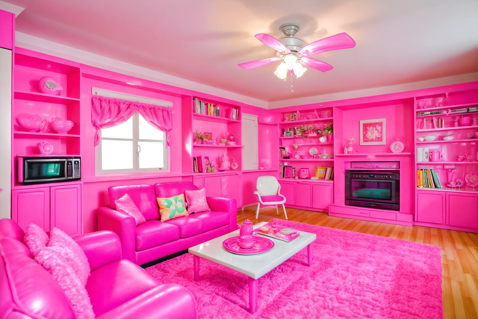 hot pink-style (kitchen living combo interior) with bookshelves and stove and televisions and plant and electric lamps and coffee tables and sink and refrigerator. . with barbie style interior and barbie closet and hot pink barbie colors and barbie bold rosy hues like fuchsia and magenta and barbie sofa and barbie glitter and sparkle and hot pink barbie walls and barbie plastic interior. . cinematic photo, highly detailed, cinematic lighting, ultra-detailed, ultrarealistic, photorealism, 8k. hot pink interior design style. masterpiece, cinematic light, ultrarealistic+, photorealistic+, 8k, raw photo, realistic, sharp focus on eyes, (symmetrical eyes), (intact eyes), hyperrealistic, highest quality, best quality, , highly detailed, masterpiece, best quality, extremely detailed 8k wallpaper, masterpiece, best quality, ultra-detailed, best shadow, detailed background, detailed face, detailed eyes, high contrast, best illumination, detailed face, dulux, caustic, dynamic angle, detailed glow. dramatic lighting. highly detailed, insanely detailed hair, symmetrical, intricate details, professionally retouched, 8k high definition. strong bokeh. award winning photo.