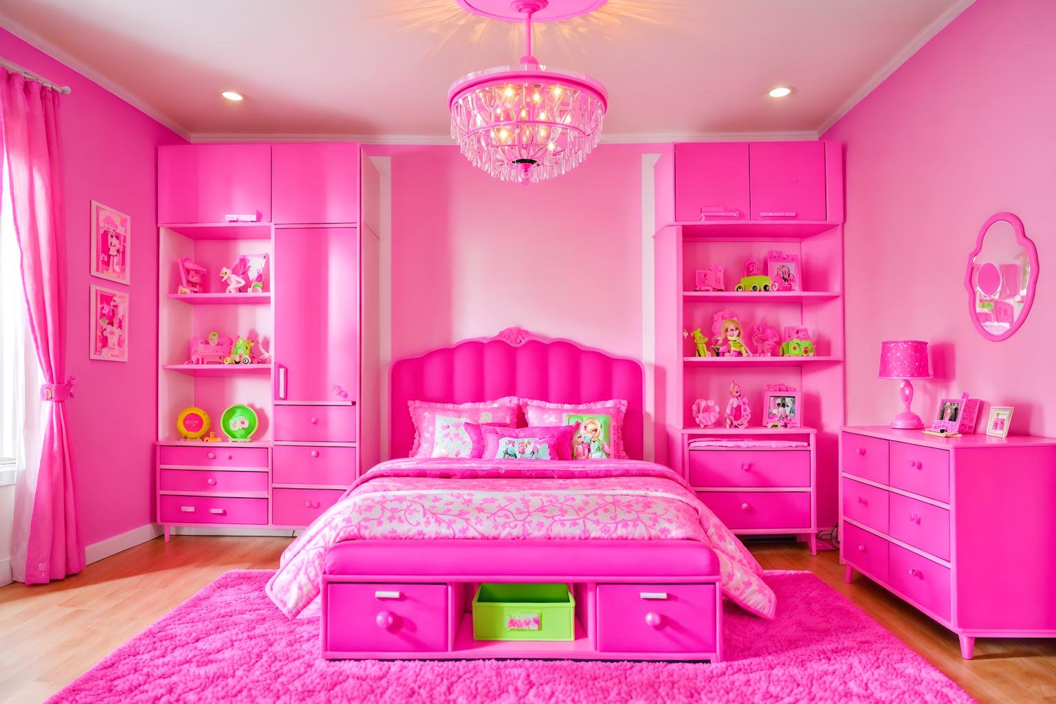 hot pink-style (kids room interior) with accent chair and plant and dresser closet and bedside table or night stand and storage bench or ottoman and kids desk and night light and headboard. . with barbie plastic interior and barbie sofa and barbie chairs and hot pink barbie colors and barbie bold rosy hues like fuchsia and magenta and barbie style interior and barbie glitter and sparkle and hot pink barbie walls. . cinematic photo, highly detailed, cinematic lighting, ultra-detailed, ultrarealistic, photorealism, 8k. hot pink interior design style. masterpiece, cinematic light, ultrarealistic+, photorealistic+, 8k, raw photo, realistic, sharp focus on eyes, (symmetrical eyes), (intact eyes), hyperrealistic, highest quality, best quality, , highly detailed, masterpiece, best quality, extremely detailed 8k wallpaper, masterpiece, best quality, ultra-detailed, best shadow, detailed background, detailed face, detailed eyes, high contrast, best illumination, detailed face, dulux, caustic, dynamic angle, detailed glow. dramatic lighting. highly detailed, insanely detailed hair, symmetrical, intricate details, professionally retouched, 8k high definition. strong bokeh. award winning photo.