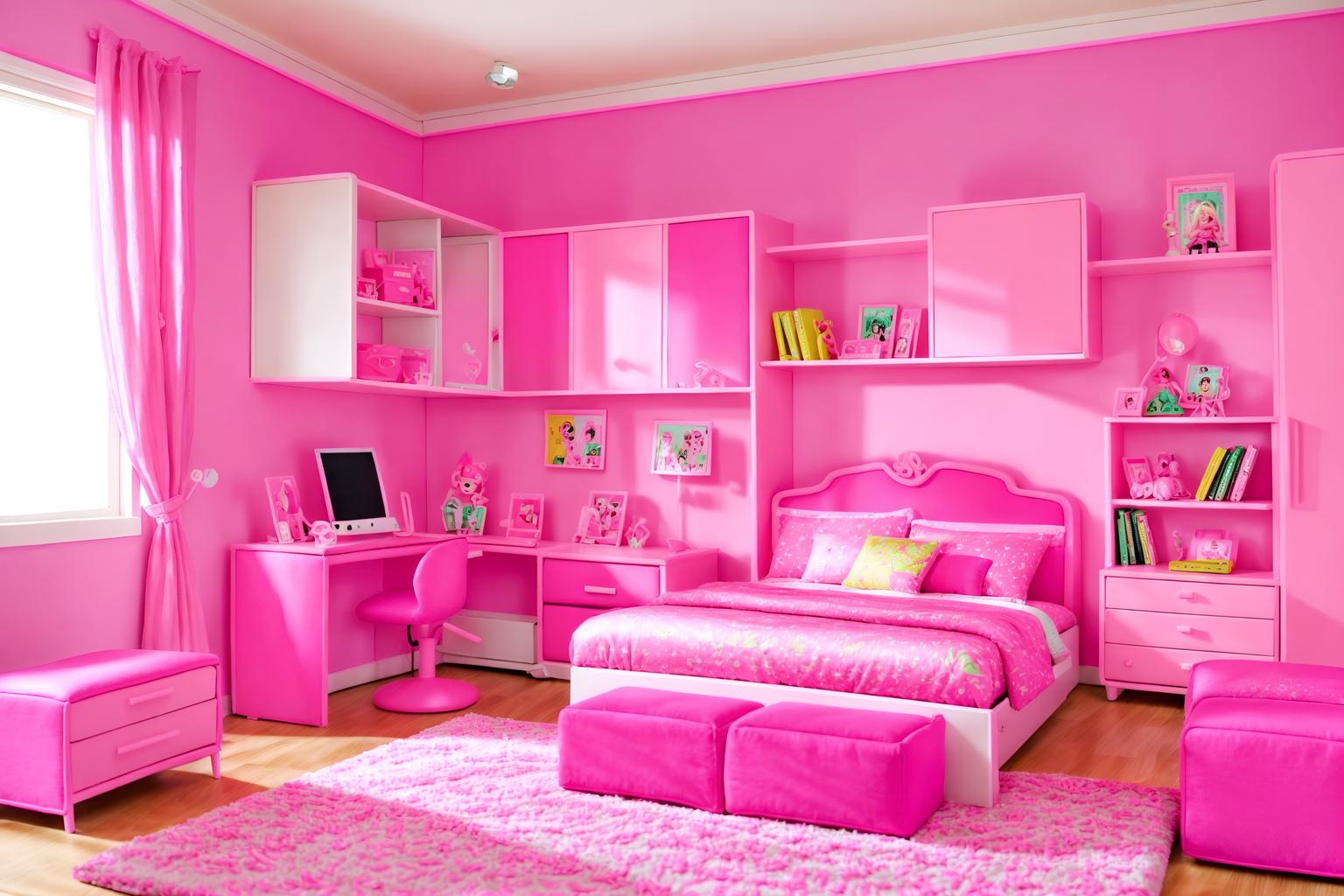 hot pink-style (kids room interior) with accent chair and plant and dresser closet and bedside table or night stand and storage bench or ottoman and kids desk and night light and headboard. . with barbie plastic interior and barbie sofa and barbie chairs and hot pink barbie colors and barbie bold rosy hues like fuchsia and magenta and barbie style interior and barbie glitter and sparkle and hot pink barbie walls. . cinematic photo, highly detailed, cinematic lighting, ultra-detailed, ultrarealistic, photorealism, 8k. hot pink interior design style. masterpiece, cinematic light, ultrarealistic+, photorealistic+, 8k, raw photo, realistic, sharp focus on eyes, (symmetrical eyes), (intact eyes), hyperrealistic, highest quality, best quality, , highly detailed, masterpiece, best quality, extremely detailed 8k wallpaper, masterpiece, best quality, ultra-detailed, best shadow, detailed background, detailed face, detailed eyes, high contrast, best illumination, detailed face, dulux, caustic, dynamic angle, detailed glow. dramatic lighting. highly detailed, insanely detailed hair, symmetrical, intricate details, professionally retouched, 8k high definition. strong bokeh. award winning photo.