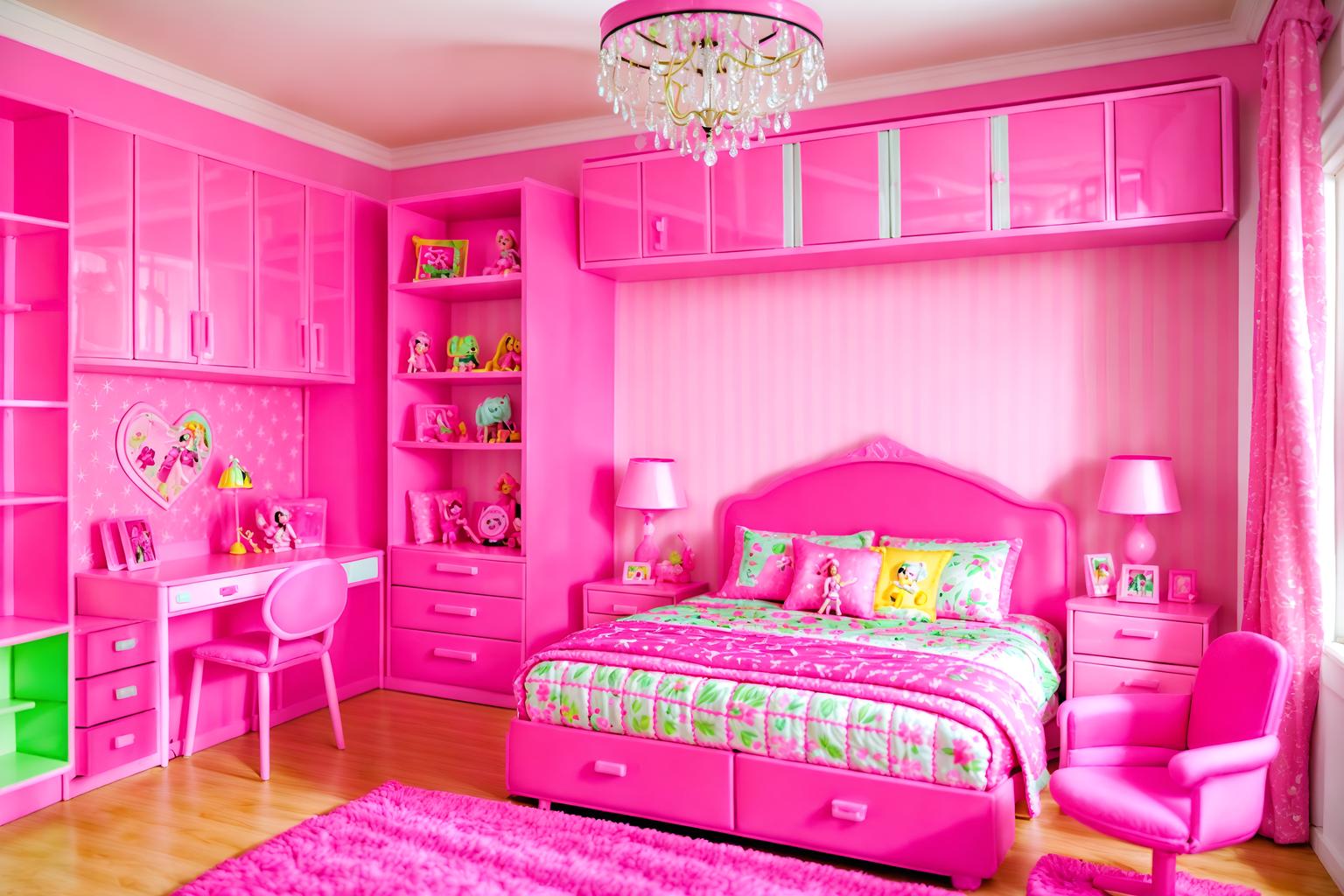 hot pink-style (kids room interior) with accent chair and plant and dresser closet and bedside table or night stand and storage bench or ottoman and kids desk and night light and headboard. . with barbie plastic interior and barbie sofa and barbie chairs and hot pink barbie colors and barbie bold rosy hues like fuchsia and magenta and barbie style interior and barbie glitter and sparkle and hot pink barbie walls. . cinematic photo, highly detailed, cinematic lighting, ultra-detailed, ultrarealistic, photorealism, 8k. hot pink interior design style. masterpiece, cinematic light, ultrarealistic+, photorealistic+, 8k, raw photo, realistic, sharp focus on eyes, (symmetrical eyes), (intact eyes), hyperrealistic, highest quality, best quality, , highly detailed, masterpiece, best quality, extremely detailed 8k wallpaper, masterpiece, best quality, ultra-detailed, best shadow, detailed background, detailed face, detailed eyes, high contrast, best illumination, detailed face, dulux, caustic, dynamic angle, detailed glow. dramatic lighting. highly detailed, insanely detailed hair, symmetrical, intricate details, professionally retouched, 8k high definition. strong bokeh. award winning photo.