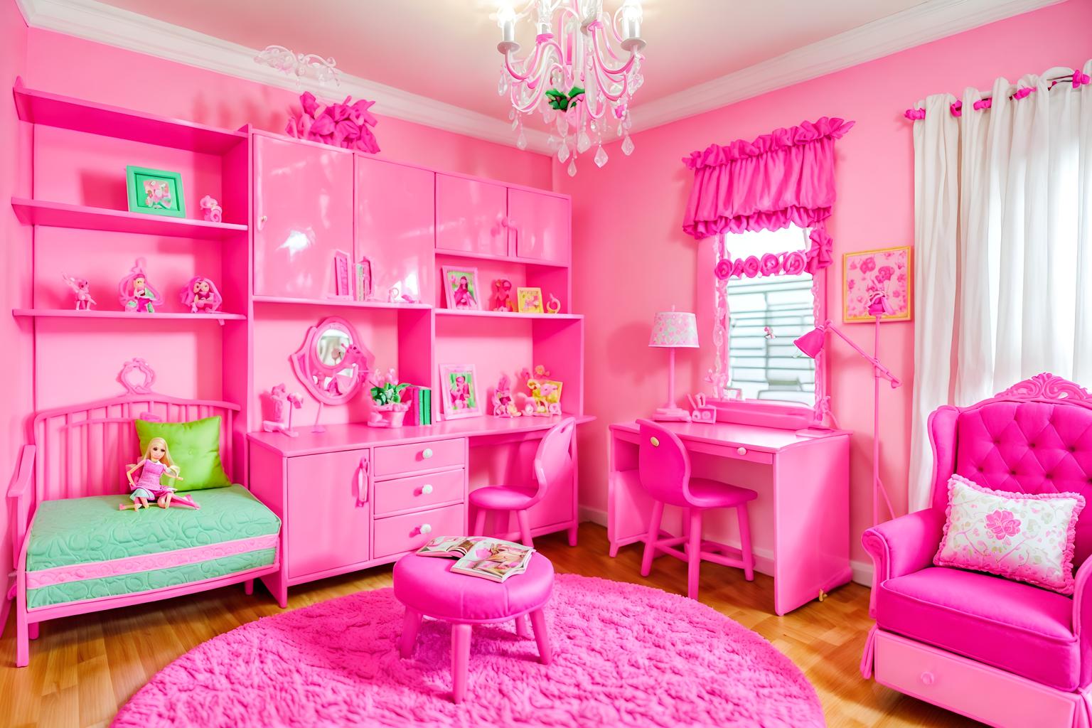 hot pink-style (kids room interior) with accent chair and plant and dresser closet and bedside table or night stand and storage bench or ottoman and kids desk and night light and headboard. . with barbie plastic interior and barbie sofa and barbie chairs and hot pink barbie colors and barbie bold rosy hues like fuchsia and magenta and barbie style interior and barbie glitter and sparkle and hot pink barbie walls. . cinematic photo, highly detailed, cinematic lighting, ultra-detailed, ultrarealistic, photorealism, 8k. hot pink interior design style. masterpiece, cinematic light, ultrarealistic+, photorealistic+, 8k, raw photo, realistic, sharp focus on eyes, (symmetrical eyes), (intact eyes), hyperrealistic, highest quality, best quality, , highly detailed, masterpiece, best quality, extremely detailed 8k wallpaper, masterpiece, best quality, ultra-detailed, best shadow, detailed background, detailed face, detailed eyes, high contrast, best illumination, detailed face, dulux, caustic, dynamic angle, detailed glow. dramatic lighting. highly detailed, insanely detailed hair, symmetrical, intricate details, professionally retouched, 8k high definition. strong bokeh. award winning photo.