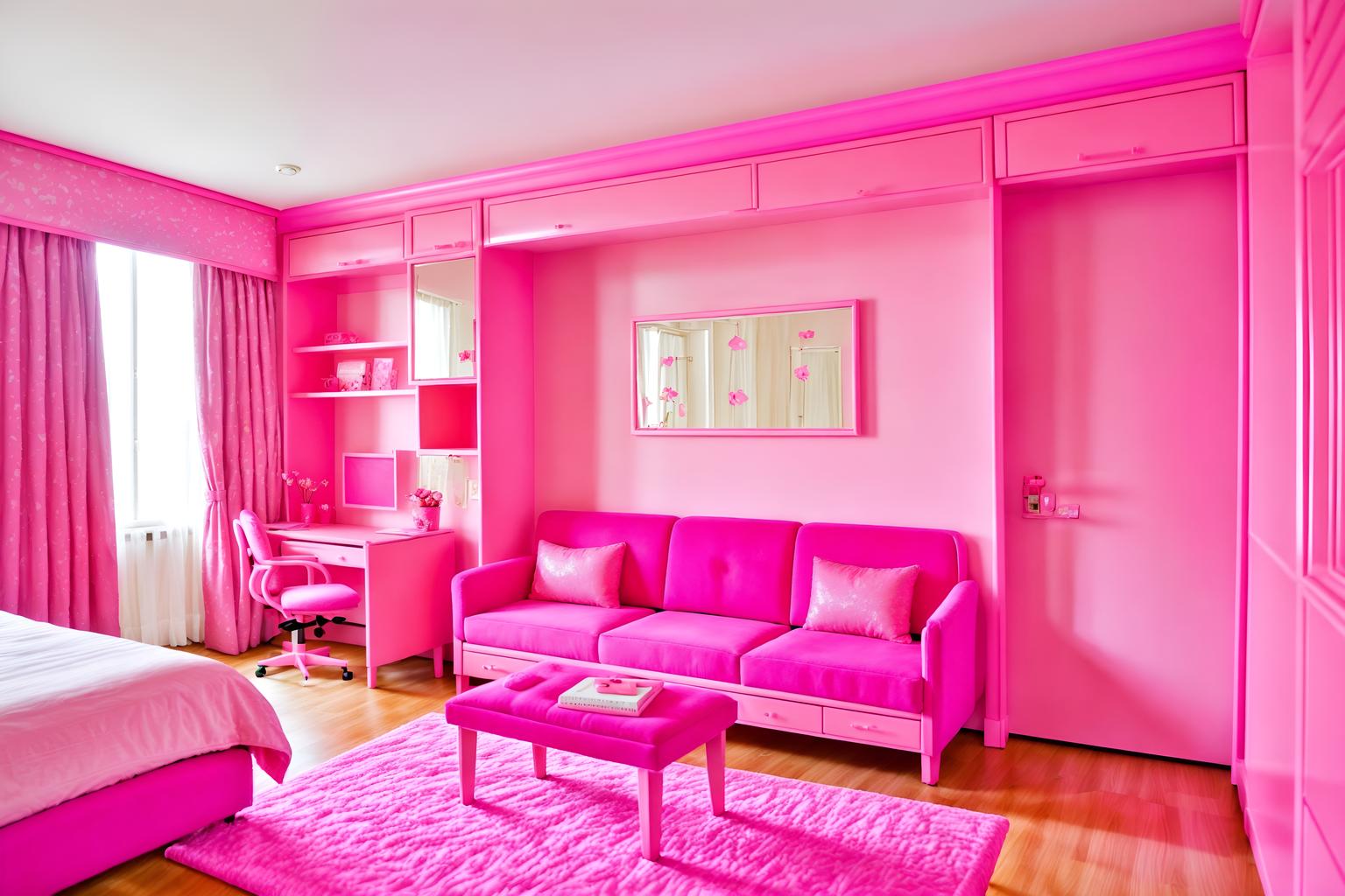 hot pink-style (hotel room interior) with working desk with desk chair and hotel bathroom and plant and headboard and accent chair and dresser closet and storage bench or ottoman and bed. . with barbie bold rosy hues like fuchsia and magenta and barbie plastic interior and barbie glitter and sparkle and barbie sofa and barbie style interior and barbie closet and hot pink barbie walls and barbie chairs. . cinematic photo, highly detailed, cinematic lighting, ultra-detailed, ultrarealistic, photorealism, 8k. hot pink interior design style. masterpiece, cinematic light, ultrarealistic+, photorealistic+, 8k, raw photo, realistic, sharp focus on eyes, (symmetrical eyes), (intact eyes), hyperrealistic, highest quality, best quality, , highly detailed, masterpiece, best quality, extremely detailed 8k wallpaper, masterpiece, best quality, ultra-detailed, best shadow, detailed background, detailed face, detailed eyes, high contrast, best illumination, detailed face, dulux, caustic, dynamic angle, detailed glow. dramatic lighting. highly detailed, insanely detailed hair, symmetrical, intricate details, professionally retouched, 8k high definition. strong bokeh. award winning photo.