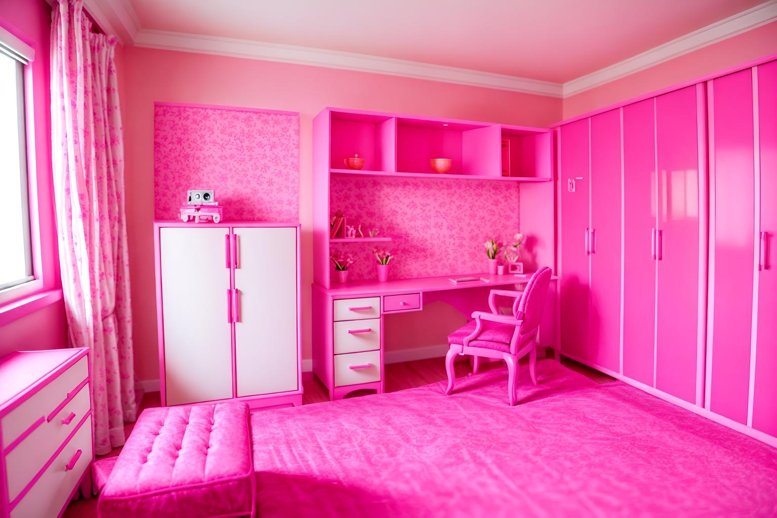 hot pink-style (hotel room interior) with working desk with desk chair and hotel bathroom and plant and headboard and accent chair and dresser closet and storage bench or ottoman and bed. . with barbie bold rosy hues like fuchsia and magenta and barbie plastic interior and barbie glitter and sparkle and barbie sofa and barbie style interior and barbie closet and hot pink barbie walls and barbie chairs. . cinematic photo, highly detailed, cinematic lighting, ultra-detailed, ultrarealistic, photorealism, 8k. hot pink interior design style. masterpiece, cinematic light, ultrarealistic+, photorealistic+, 8k, raw photo, realistic, sharp focus on eyes, (symmetrical eyes), (intact eyes), hyperrealistic, highest quality, best quality, , highly detailed, masterpiece, best quality, extremely detailed 8k wallpaper, masterpiece, best quality, ultra-detailed, best shadow, detailed background, detailed face, detailed eyes, high contrast, best illumination, detailed face, dulux, caustic, dynamic angle, detailed glow. dramatic lighting. highly detailed, insanely detailed hair, symmetrical, intricate details, professionally retouched, 8k high definition. strong bokeh. award winning photo.