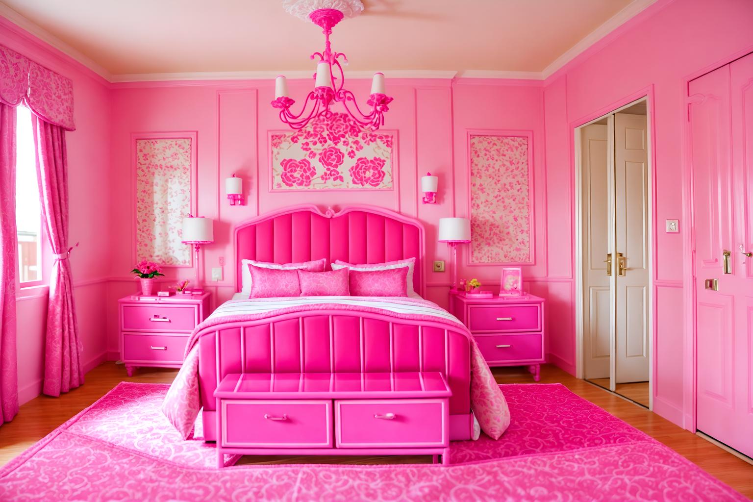 hot pink-style (hotel room interior) with working desk with desk chair and hotel bathroom and plant and headboard and accent chair and dresser closet and storage bench or ottoman and bed. . with barbie bold rosy hues like fuchsia and magenta and barbie plastic interior and barbie glitter and sparkle and barbie sofa and barbie style interior and barbie closet and hot pink barbie walls and barbie chairs. . cinematic photo, highly detailed, cinematic lighting, ultra-detailed, ultrarealistic, photorealism, 8k. hot pink interior design style. masterpiece, cinematic light, ultrarealistic+, photorealistic+, 8k, raw photo, realistic, sharp focus on eyes, (symmetrical eyes), (intact eyes), hyperrealistic, highest quality, best quality, , highly detailed, masterpiece, best quality, extremely detailed 8k wallpaper, masterpiece, best quality, ultra-detailed, best shadow, detailed background, detailed face, detailed eyes, high contrast, best illumination, detailed face, dulux, caustic, dynamic angle, detailed glow. dramatic lighting. highly detailed, insanely detailed hair, symmetrical, intricate details, professionally retouched, 8k high definition. strong bokeh. award winning photo.