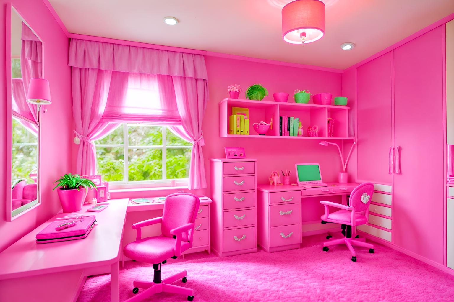 hot pink-style (hotel room interior) with working desk with desk chair and hotel bathroom and plant and headboard and accent chair and dresser closet and storage bench or ottoman and bed. . with barbie bold rosy hues like fuchsia and magenta and barbie plastic interior and barbie glitter and sparkle and barbie sofa and barbie style interior and barbie closet and hot pink barbie walls and barbie chairs. . cinematic photo, highly detailed, cinematic lighting, ultra-detailed, ultrarealistic, photorealism, 8k. hot pink interior design style. masterpiece, cinematic light, ultrarealistic+, photorealistic+, 8k, raw photo, realistic, sharp focus on eyes, (symmetrical eyes), (intact eyes), hyperrealistic, highest quality, best quality, , highly detailed, masterpiece, best quality, extremely detailed 8k wallpaper, masterpiece, best quality, ultra-detailed, best shadow, detailed background, detailed face, detailed eyes, high contrast, best illumination, detailed face, dulux, caustic, dynamic angle, detailed glow. dramatic lighting. highly detailed, insanely detailed hair, symmetrical, intricate details, professionally retouched, 8k high definition. strong bokeh. award winning photo.