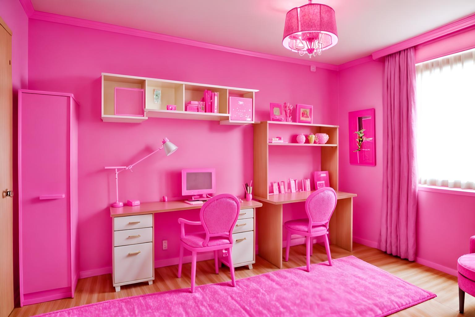 hot pink-style (hotel room interior) with working desk with desk chair and hotel bathroom and plant and headboard and accent chair and dresser closet and storage bench or ottoman and bed. . with barbie bold rosy hues like fuchsia and magenta and barbie plastic interior and barbie glitter and sparkle and barbie sofa and barbie style interior and barbie closet and hot pink barbie walls and barbie chairs. . cinematic photo, highly detailed, cinematic lighting, ultra-detailed, ultrarealistic, photorealism, 8k. hot pink interior design style. masterpiece, cinematic light, ultrarealistic+, photorealistic+, 8k, raw photo, realistic, sharp focus on eyes, (symmetrical eyes), (intact eyes), hyperrealistic, highest quality, best quality, , highly detailed, masterpiece, best quality, extremely detailed 8k wallpaper, masterpiece, best quality, ultra-detailed, best shadow, detailed background, detailed face, detailed eyes, high contrast, best illumination, detailed face, dulux, caustic, dynamic angle, detailed glow. dramatic lighting. highly detailed, insanely detailed hair, symmetrical, intricate details, professionally retouched, 8k high definition. strong bokeh. award winning photo.