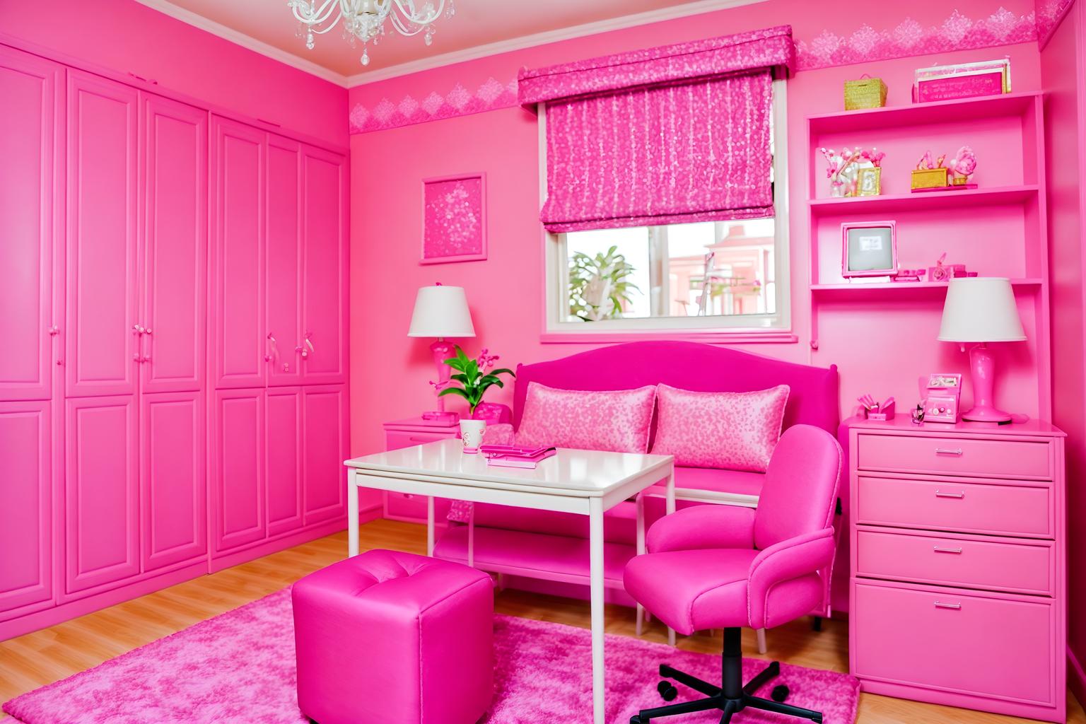 hot pink-style (hotel room interior) with working desk with desk chair and hotel bathroom and plant and headboard and accent chair and dresser closet and storage bench or ottoman and bed. . with barbie bold rosy hues like fuchsia and magenta and barbie plastic interior and barbie glitter and sparkle and barbie sofa and barbie style interior and barbie closet and hot pink barbie walls and barbie chairs. . cinematic photo, highly detailed, cinematic lighting, ultra-detailed, ultrarealistic, photorealism, 8k. hot pink interior design style. masterpiece, cinematic light, ultrarealistic+, photorealistic+, 8k, raw photo, realistic, sharp focus on eyes, (symmetrical eyes), (intact eyes), hyperrealistic, highest quality, best quality, , highly detailed, masterpiece, best quality, extremely detailed 8k wallpaper, masterpiece, best quality, ultra-detailed, best shadow, detailed background, detailed face, detailed eyes, high contrast, best illumination, detailed face, dulux, caustic, dynamic angle, detailed glow. dramatic lighting. highly detailed, insanely detailed hair, symmetrical, intricate details, professionally retouched, 8k high definition. strong bokeh. award winning photo.