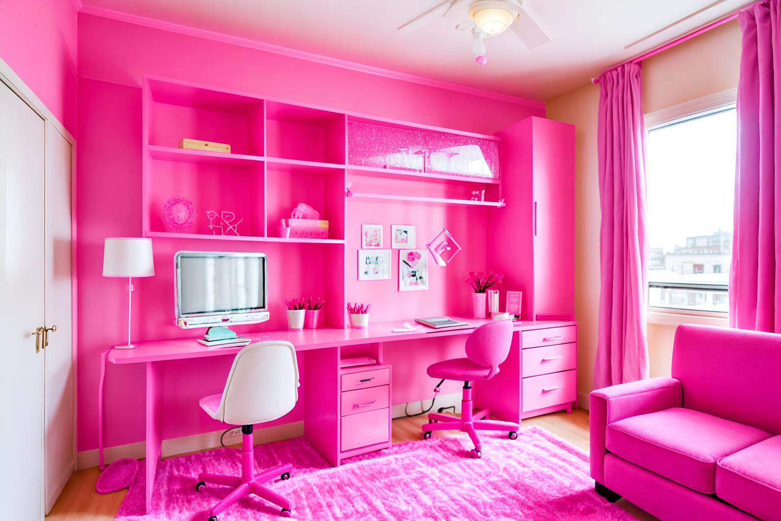 hot pink-style (hotel room interior) with working desk with desk chair and hotel bathroom and plant and headboard and accent chair and dresser closet and storage bench or ottoman and bed. . with barbie bold rosy hues like fuchsia and magenta and barbie plastic interior and barbie glitter and sparkle and barbie sofa and barbie style interior and barbie closet and hot pink barbie walls and barbie chairs. . cinematic photo, highly detailed, cinematic lighting, ultra-detailed, ultrarealistic, photorealism, 8k. hot pink interior design style. masterpiece, cinematic light, ultrarealistic+, photorealistic+, 8k, raw photo, realistic, sharp focus on eyes, (symmetrical eyes), (intact eyes), hyperrealistic, highest quality, best quality, , highly detailed, masterpiece, best quality, extremely detailed 8k wallpaper, masterpiece, best quality, ultra-detailed, best shadow, detailed background, detailed face, detailed eyes, high contrast, best illumination, detailed face, dulux, caustic, dynamic angle, detailed glow. dramatic lighting. highly detailed, insanely detailed hair, symmetrical, intricate details, professionally retouched, 8k high definition. strong bokeh. award winning photo.