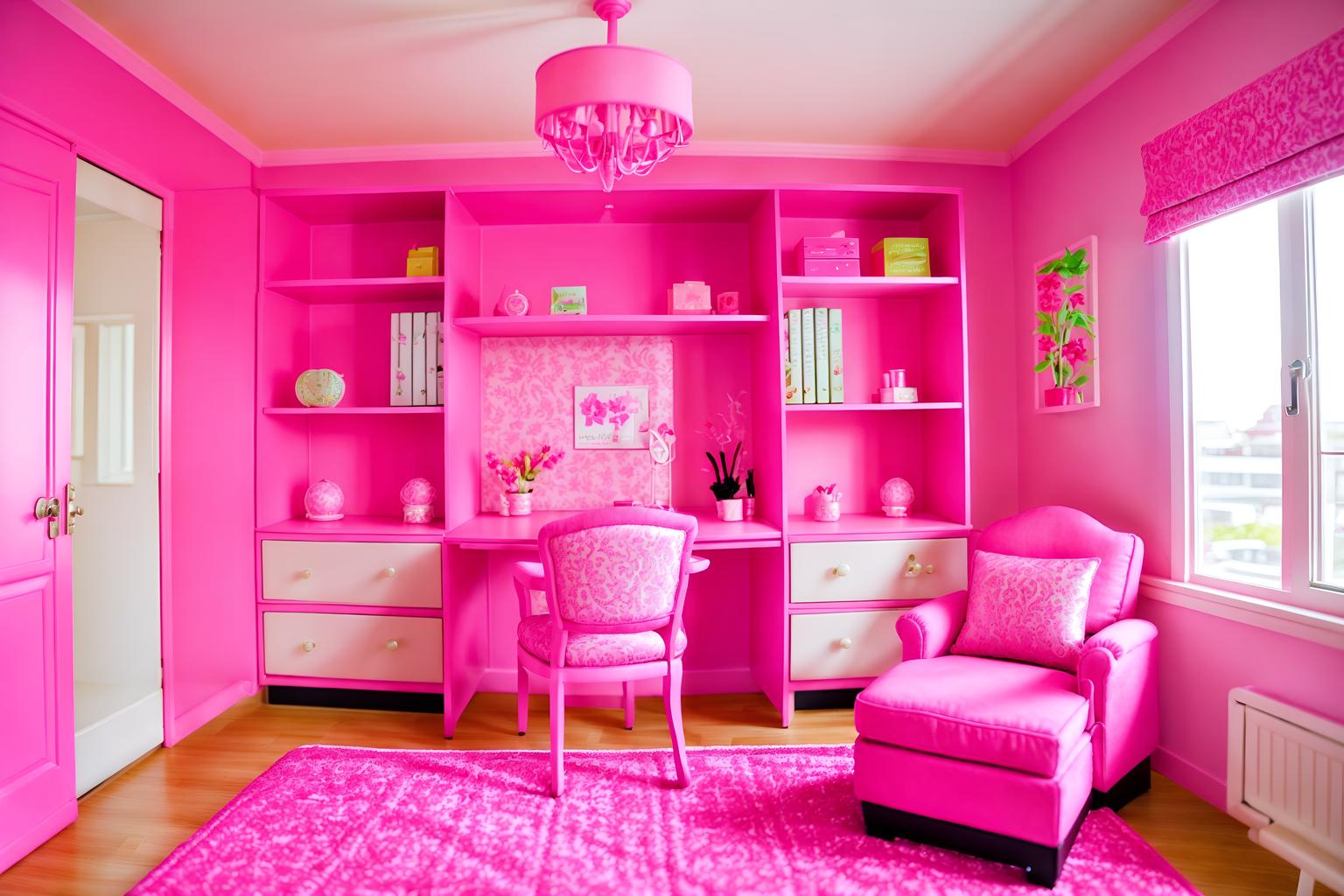 hot pink-style (hotel room interior) with working desk with desk chair and hotel bathroom and plant and headboard and accent chair and dresser closet and storage bench or ottoman and bed. . with barbie bold rosy hues like fuchsia and magenta and barbie plastic interior and barbie glitter and sparkle and barbie sofa and barbie style interior and barbie closet and hot pink barbie walls and barbie chairs. . cinematic photo, highly detailed, cinematic lighting, ultra-detailed, ultrarealistic, photorealism, 8k. hot pink interior design style. masterpiece, cinematic light, ultrarealistic+, photorealistic+, 8k, raw photo, realistic, sharp focus on eyes, (symmetrical eyes), (intact eyes), hyperrealistic, highest quality, best quality, , highly detailed, masterpiece, best quality, extremely detailed 8k wallpaper, masterpiece, best quality, ultra-detailed, best shadow, detailed background, detailed face, detailed eyes, high contrast, best illumination, detailed face, dulux, caustic, dynamic angle, detailed glow. dramatic lighting. highly detailed, insanely detailed hair, symmetrical, intricate details, professionally retouched, 8k high definition. strong bokeh. award winning photo.