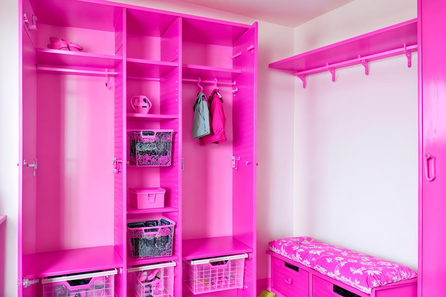 hot pink-style (drop zone interior) with shelves for shoes and lockers and a bench and high up storage and storage drawers and storage baskets and wall hooks for coats and cabinets. . with barbie plastic interior and hot pink barbie colors and hot pink barbie walls and barbie closet and barbie sofa and barbie bold rosy hues like fuchsia and magenta and barbie glitter and sparkle and barbie chairs. . cinematic photo, highly detailed, cinematic lighting, ultra-detailed, ultrarealistic, photorealism, 8k. hot pink interior design style. masterpiece, cinematic light, ultrarealistic+, photorealistic+, 8k, raw photo, realistic, sharp focus on eyes, (symmetrical eyes), (intact eyes), hyperrealistic, highest quality, best quality, , highly detailed, masterpiece, best quality, extremely detailed 8k wallpaper, masterpiece, best quality, ultra-detailed, best shadow, detailed background, detailed face, detailed eyes, high contrast, best illumination, detailed face, dulux, caustic, dynamic angle, detailed glow. dramatic lighting. highly detailed, insanely detailed hair, symmetrical, intricate details, professionally retouched, 8k high definition. strong bokeh. award winning photo.