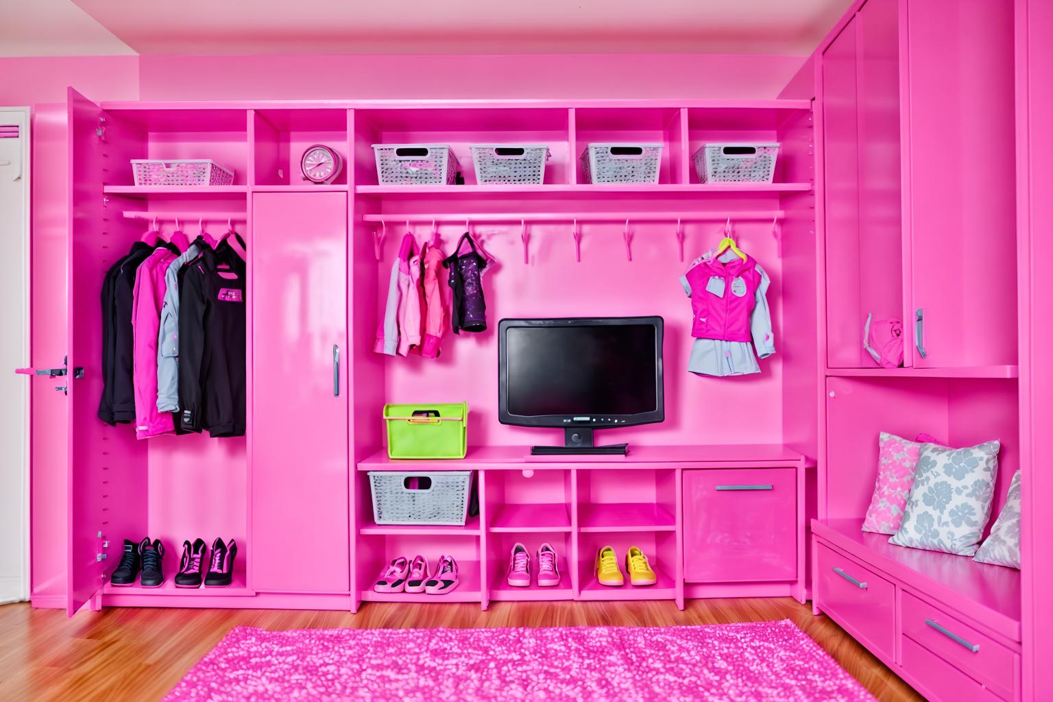 hot pink-style (drop zone interior) with shelves for shoes and lockers and a bench and high up storage and storage drawers and storage baskets and wall hooks for coats and cabinets. . with barbie plastic interior and hot pink barbie colors and hot pink barbie walls and barbie closet and barbie sofa and barbie bold rosy hues like fuchsia and magenta and barbie glitter and sparkle and barbie chairs. . cinematic photo, highly detailed, cinematic lighting, ultra-detailed, ultrarealistic, photorealism, 8k. hot pink interior design style. masterpiece, cinematic light, ultrarealistic+, photorealistic+, 8k, raw photo, realistic, sharp focus on eyes, (symmetrical eyes), (intact eyes), hyperrealistic, highest quality, best quality, , highly detailed, masterpiece, best quality, extremely detailed 8k wallpaper, masterpiece, best quality, ultra-detailed, best shadow, detailed background, detailed face, detailed eyes, high contrast, best illumination, detailed face, dulux, caustic, dynamic angle, detailed glow. dramatic lighting. highly detailed, insanely detailed hair, symmetrical, intricate details, professionally retouched, 8k high definition. strong bokeh. award winning photo.