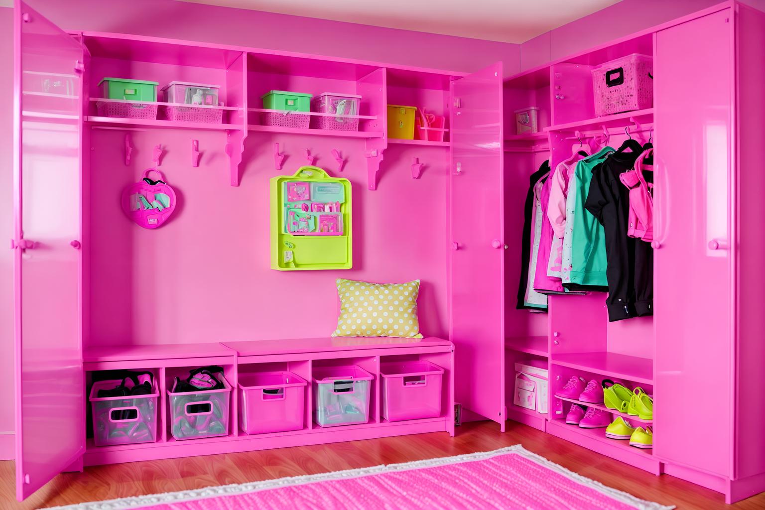 hot pink-style (drop zone interior) with shelves for shoes and lockers and a bench and high up storage and storage drawers and storage baskets and wall hooks for coats and cabinets. . with barbie plastic interior and hot pink barbie colors and hot pink barbie walls and barbie closet and barbie sofa and barbie bold rosy hues like fuchsia and magenta and barbie glitter and sparkle and barbie chairs. . cinematic photo, highly detailed, cinematic lighting, ultra-detailed, ultrarealistic, photorealism, 8k. hot pink interior design style. masterpiece, cinematic light, ultrarealistic+, photorealistic+, 8k, raw photo, realistic, sharp focus on eyes, (symmetrical eyes), (intact eyes), hyperrealistic, highest quality, best quality, , highly detailed, masterpiece, best quality, extremely detailed 8k wallpaper, masterpiece, best quality, ultra-detailed, best shadow, detailed background, detailed face, detailed eyes, high contrast, best illumination, detailed face, dulux, caustic, dynamic angle, detailed glow. dramatic lighting. highly detailed, insanely detailed hair, symmetrical, intricate details, professionally retouched, 8k high definition. strong bokeh. award winning photo.