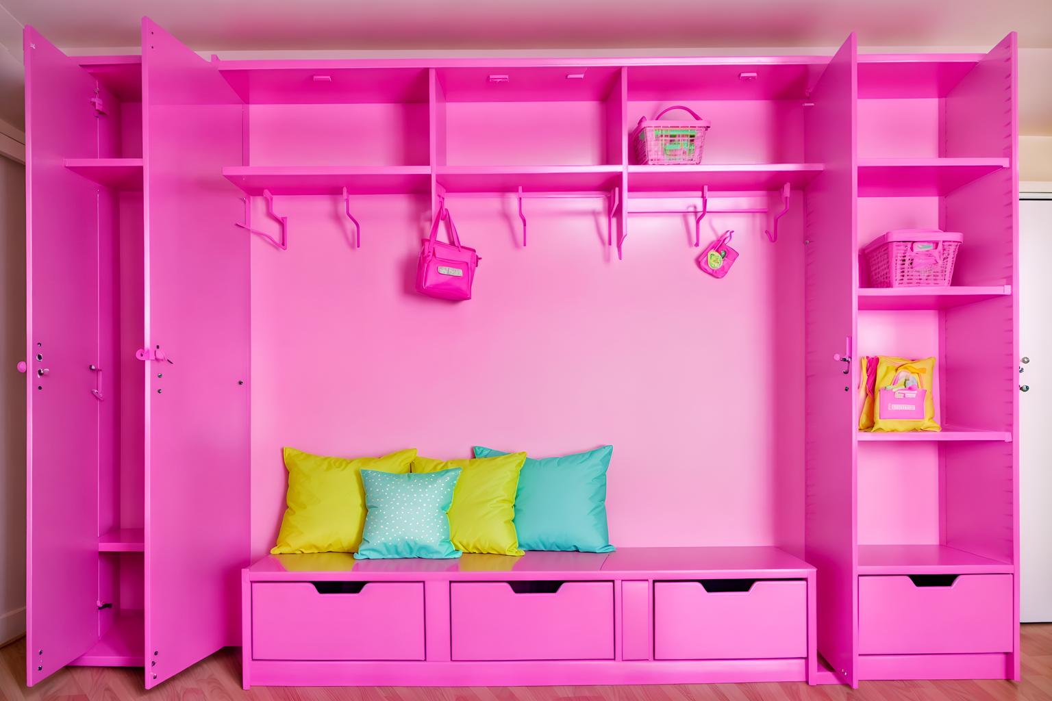 hot pink-style (drop zone interior) with shelves for shoes and lockers and a bench and high up storage and storage drawers and storage baskets and wall hooks for coats and cabinets. . with barbie plastic interior and hot pink barbie colors and hot pink barbie walls and barbie closet and barbie sofa and barbie bold rosy hues like fuchsia and magenta and barbie glitter and sparkle and barbie chairs. . cinematic photo, highly detailed, cinematic lighting, ultra-detailed, ultrarealistic, photorealism, 8k. hot pink interior design style. masterpiece, cinematic light, ultrarealistic+, photorealistic+, 8k, raw photo, realistic, sharp focus on eyes, (symmetrical eyes), (intact eyes), hyperrealistic, highest quality, best quality, , highly detailed, masterpiece, best quality, extremely detailed 8k wallpaper, masterpiece, best quality, ultra-detailed, best shadow, detailed background, detailed face, detailed eyes, high contrast, best illumination, detailed face, dulux, caustic, dynamic angle, detailed glow. dramatic lighting. highly detailed, insanely detailed hair, symmetrical, intricate details, professionally retouched, 8k high definition. strong bokeh. award winning photo.