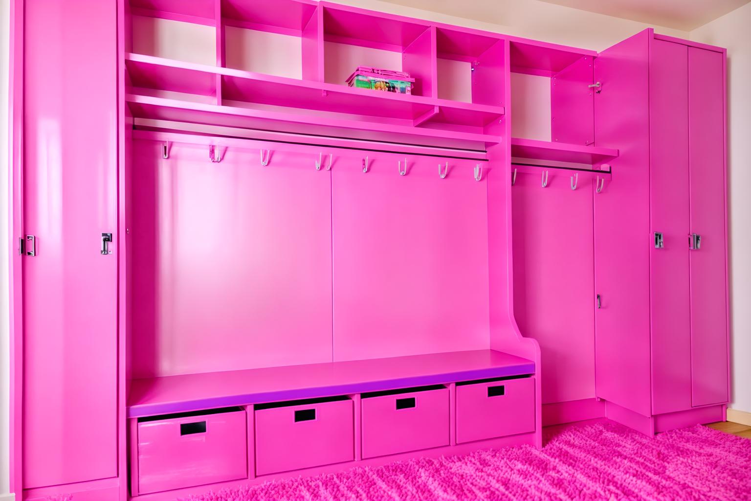 hot pink-style (drop zone interior) with shelves for shoes and lockers and a bench and high up storage and storage drawers and storage baskets and wall hooks for coats and cabinets. . with barbie plastic interior and hot pink barbie colors and hot pink barbie walls and barbie closet and barbie sofa and barbie bold rosy hues like fuchsia and magenta and barbie glitter and sparkle and barbie chairs. . cinematic photo, highly detailed, cinematic lighting, ultra-detailed, ultrarealistic, photorealism, 8k. hot pink interior design style. masterpiece, cinematic light, ultrarealistic+, photorealistic+, 8k, raw photo, realistic, sharp focus on eyes, (symmetrical eyes), (intact eyes), hyperrealistic, highest quality, best quality, , highly detailed, masterpiece, best quality, extremely detailed 8k wallpaper, masterpiece, best quality, ultra-detailed, best shadow, detailed background, detailed face, detailed eyes, high contrast, best illumination, detailed face, dulux, caustic, dynamic angle, detailed glow. dramatic lighting. highly detailed, insanely detailed hair, symmetrical, intricate details, professionally retouched, 8k high definition. strong bokeh. award winning photo.