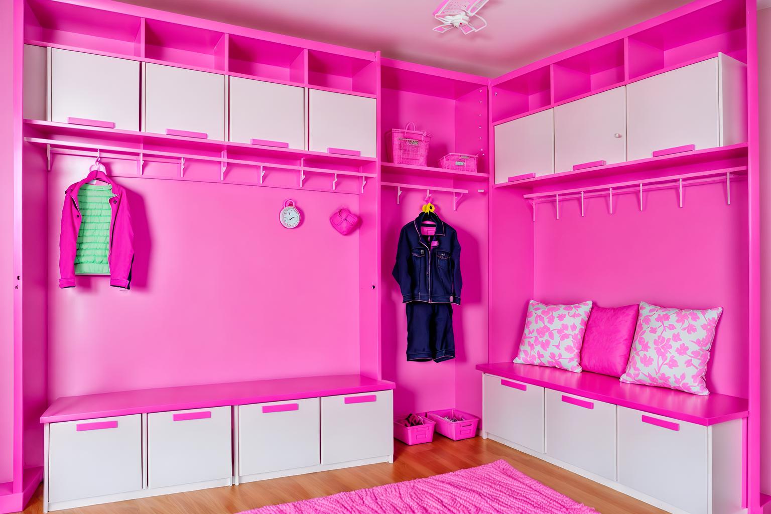 hot pink-style (drop zone interior) with shelves for shoes and lockers and a bench and high up storage and storage drawers and storage baskets and wall hooks for coats and cabinets. . with barbie plastic interior and hot pink barbie colors and hot pink barbie walls and barbie closet and barbie sofa and barbie bold rosy hues like fuchsia and magenta and barbie glitter and sparkle and barbie chairs. . cinematic photo, highly detailed, cinematic lighting, ultra-detailed, ultrarealistic, photorealism, 8k. hot pink interior design style. masterpiece, cinematic light, ultrarealistic+, photorealistic+, 8k, raw photo, realistic, sharp focus on eyes, (symmetrical eyes), (intact eyes), hyperrealistic, highest quality, best quality, , highly detailed, masterpiece, best quality, extremely detailed 8k wallpaper, masterpiece, best quality, ultra-detailed, best shadow, detailed background, detailed face, detailed eyes, high contrast, best illumination, detailed face, dulux, caustic, dynamic angle, detailed glow. dramatic lighting. highly detailed, insanely detailed hair, symmetrical, intricate details, professionally retouched, 8k high definition. strong bokeh. award winning photo.