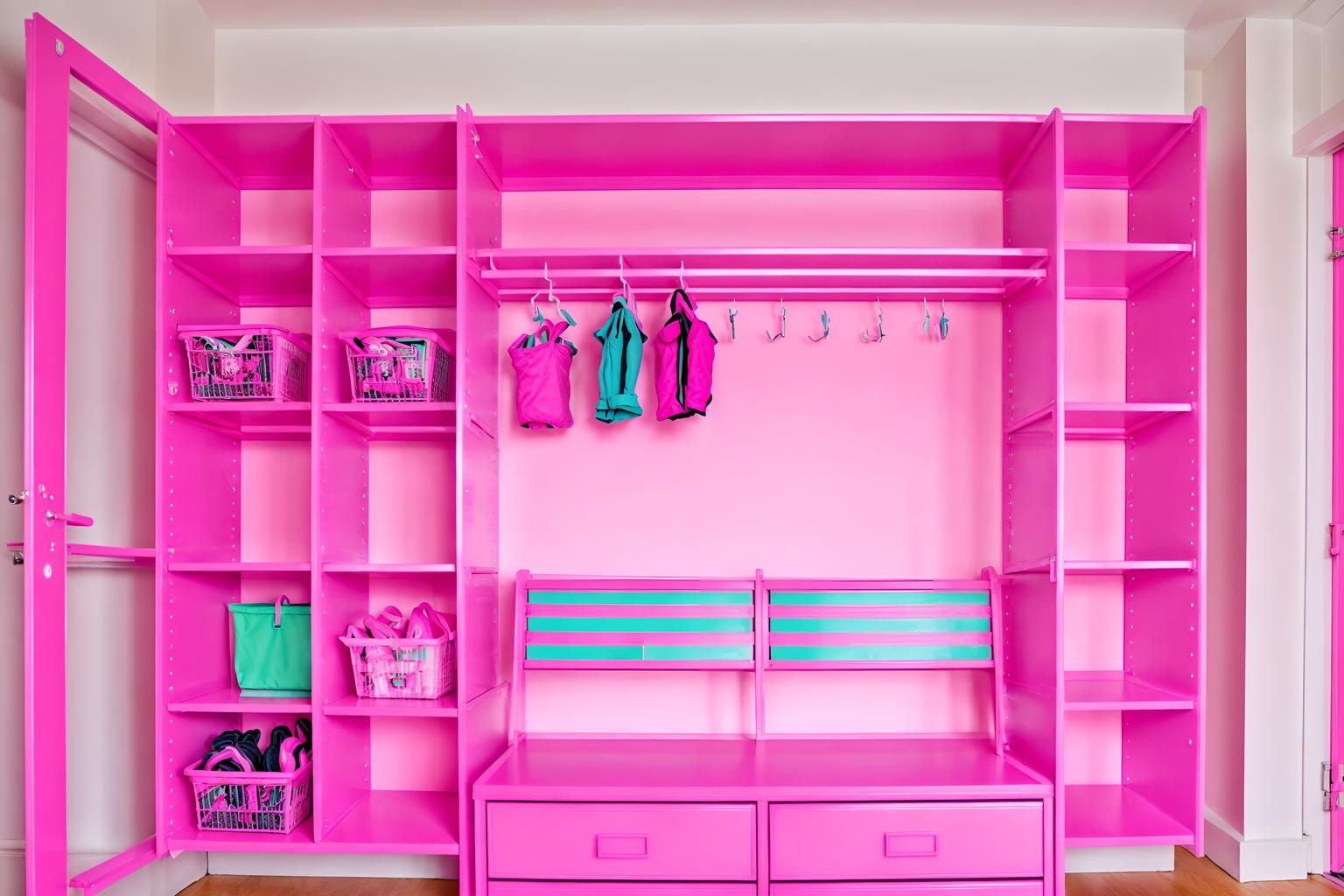 hot pink-style (drop zone interior) with shelves for shoes and lockers and a bench and high up storage and storage drawers and storage baskets and wall hooks for coats and cabinets. . with barbie plastic interior and hot pink barbie colors and hot pink barbie walls and barbie closet and barbie sofa and barbie bold rosy hues like fuchsia and magenta and barbie glitter and sparkle and barbie chairs. . cinematic photo, highly detailed, cinematic lighting, ultra-detailed, ultrarealistic, photorealism, 8k. hot pink interior design style. masterpiece, cinematic light, ultrarealistic+, photorealistic+, 8k, raw photo, realistic, sharp focus on eyes, (symmetrical eyes), (intact eyes), hyperrealistic, highest quality, best quality, , highly detailed, masterpiece, best quality, extremely detailed 8k wallpaper, masterpiece, best quality, ultra-detailed, best shadow, detailed background, detailed face, detailed eyes, high contrast, best illumination, detailed face, dulux, caustic, dynamic angle, detailed glow. dramatic lighting. highly detailed, insanely detailed hair, symmetrical, intricate details, professionally retouched, 8k high definition. strong bokeh. award winning photo.